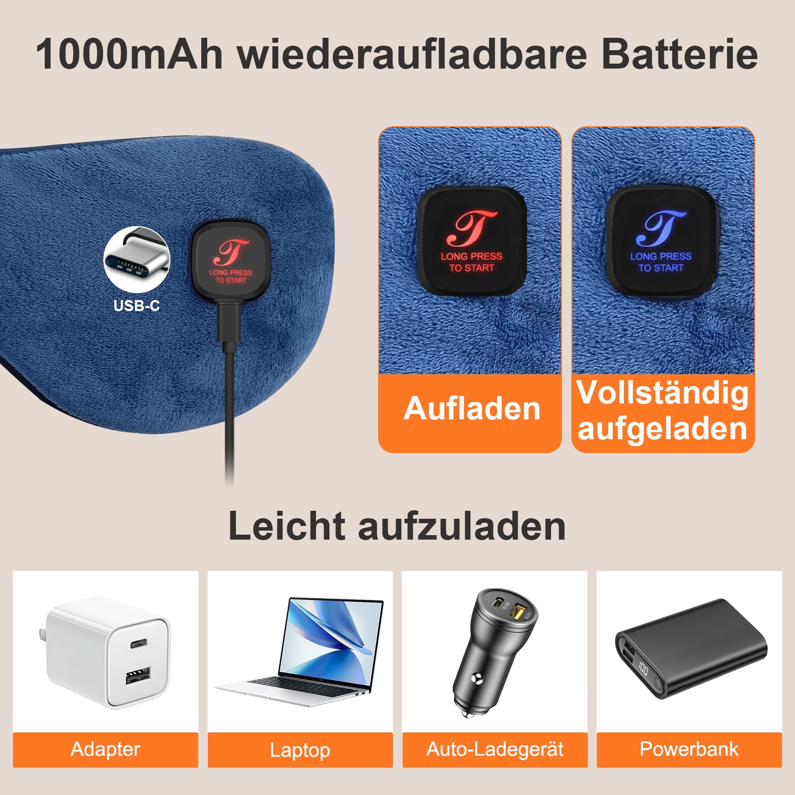 beheizte Augenmaske, Wärmebrille mit Akku ohne Kabel, 3 Wärmestufen waschbarer Bezug, Geschenke für Familie und Freunde (Dunkelblau)