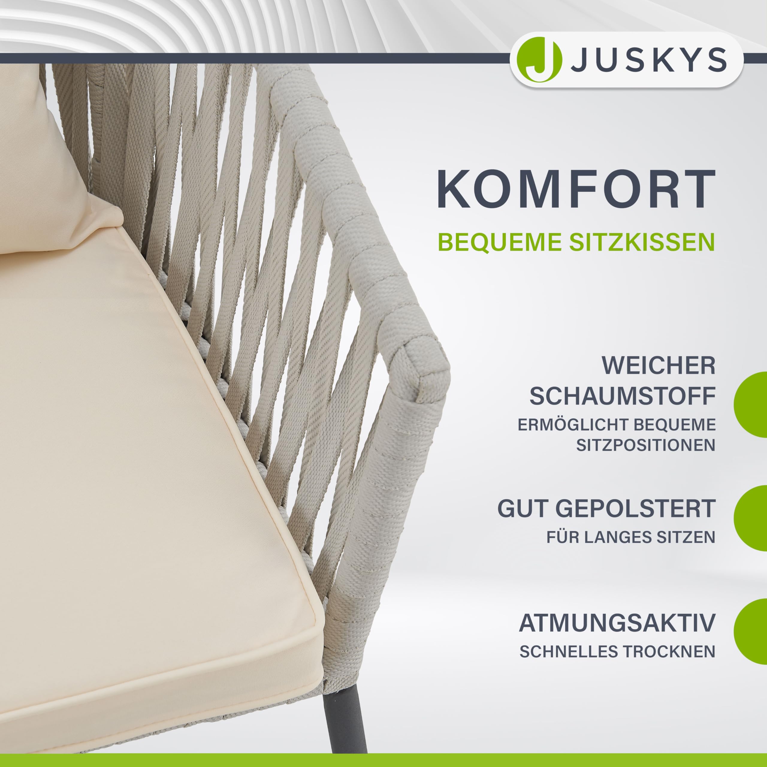 Juskys Rope Gartenstühle 2er Set wetterfest - bis 160 kg belastbar - Sitz- & Rückenkissen aus Polyester - 2 Stühle aus Stahl & Polypropylen für Garten, Terrasse & Balkon - Hellgrau