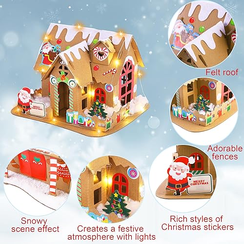Miniatura 3 de Fovths Juego de 4 juegos de casa de jengibre de Navidad con luces LED, cartón, kit de manualidades de Navidad, decoración de casa de jengibre, hacer