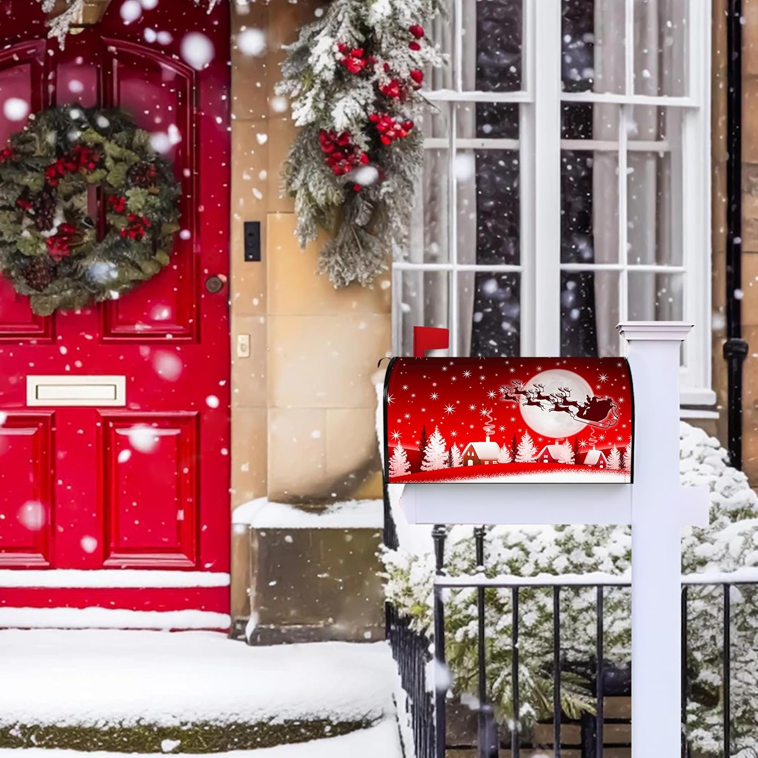 Christmas Mailbox Cover 25.5x21 Inch, Red Christmas Post Letter Box Covers, New Year Holiday Xmas Magnetic Waterproof Mail Wraps for Outdoor Yard Garden Standard Mailbox Decor