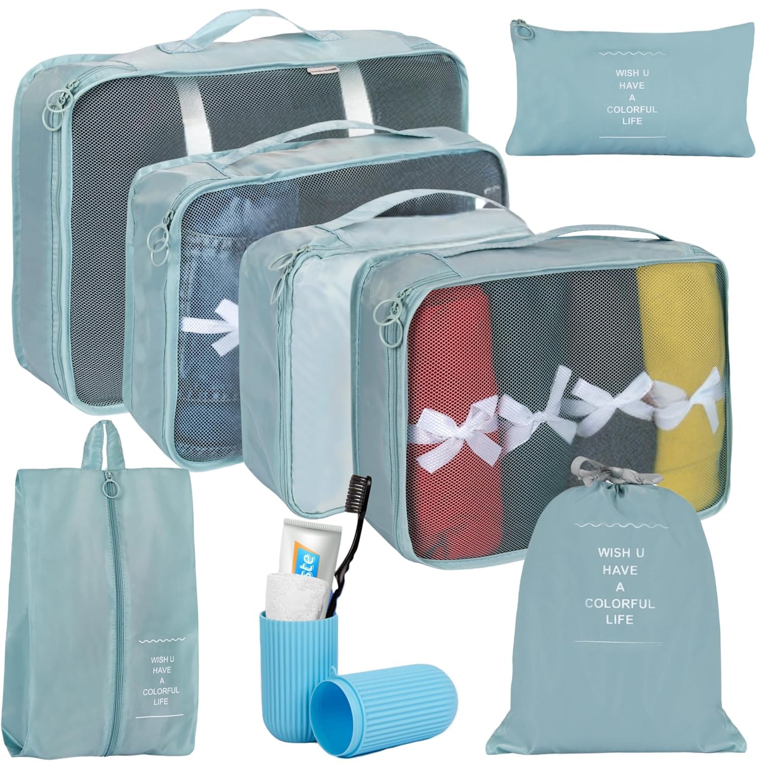 7 Set Packing Cubes for Suitcases Travel Essentials Luggage Organizer for Travel Accessories, Shoe Bag, Toiletry Bag, Laundry Bag, Travel Foldable And Lightweight (Light Blue)-image-27