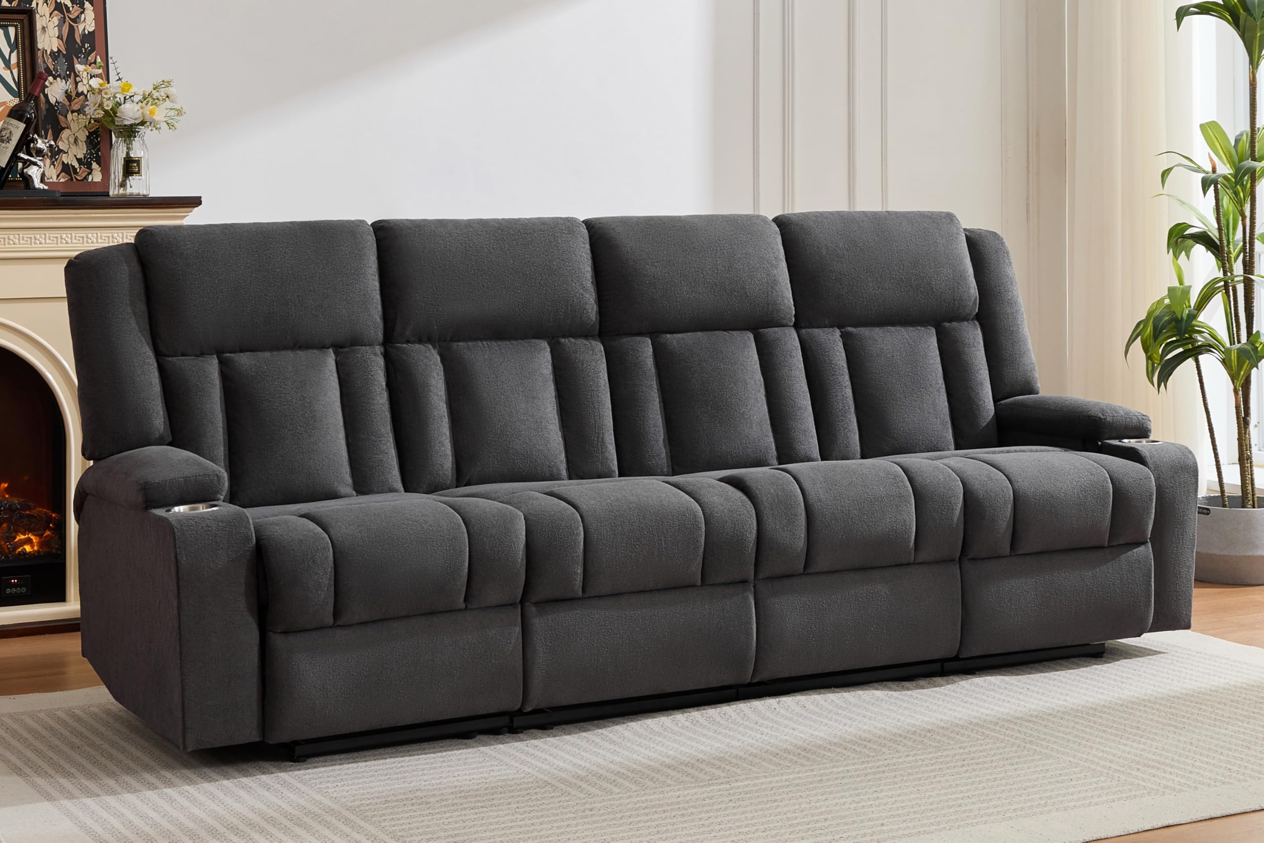 AIWOEN Recliner Sofa with Cup Holders, 4-Seater Fabric Reclining Couch, Manual Recliner Wall Hugger for Living Room, Home Theater (Dark Gray)