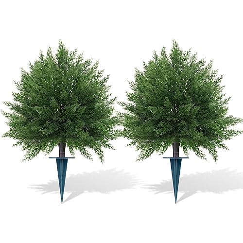 Grooy Artificial CedarTopiary Bushes for Outdoors with Spike, Set of