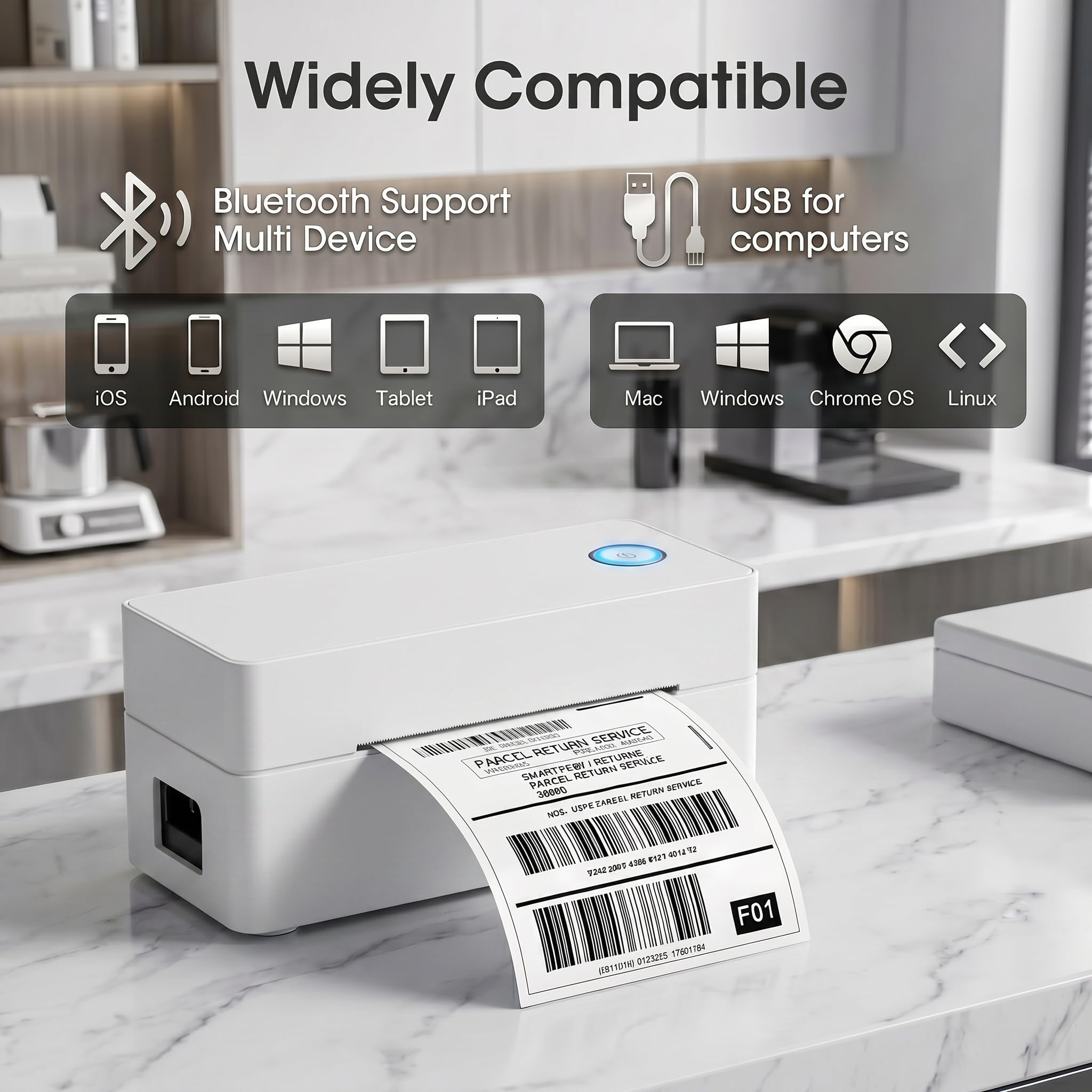 Stampante Etichette Termica 4x6 con Supporto – Bluetooth e USB, Senza Inchiostro – Include Chiavetta USB Driver