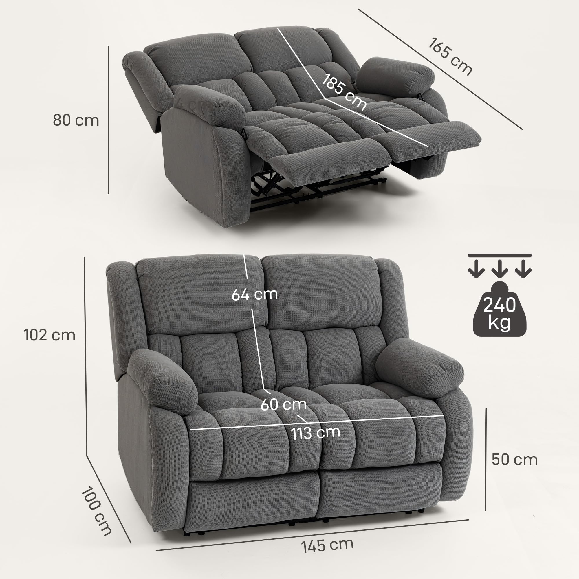 HOMCOM Sillón 2 Plazas Relax Reclinable Manual, Ajuste Separado, Sillón Relax Tapizado en Terciopelo, Reposapiés Ajustable, Asiento Amplio, Muelles, Acolchado Grueso, Sofá Reclinable hasta 135º, Gris