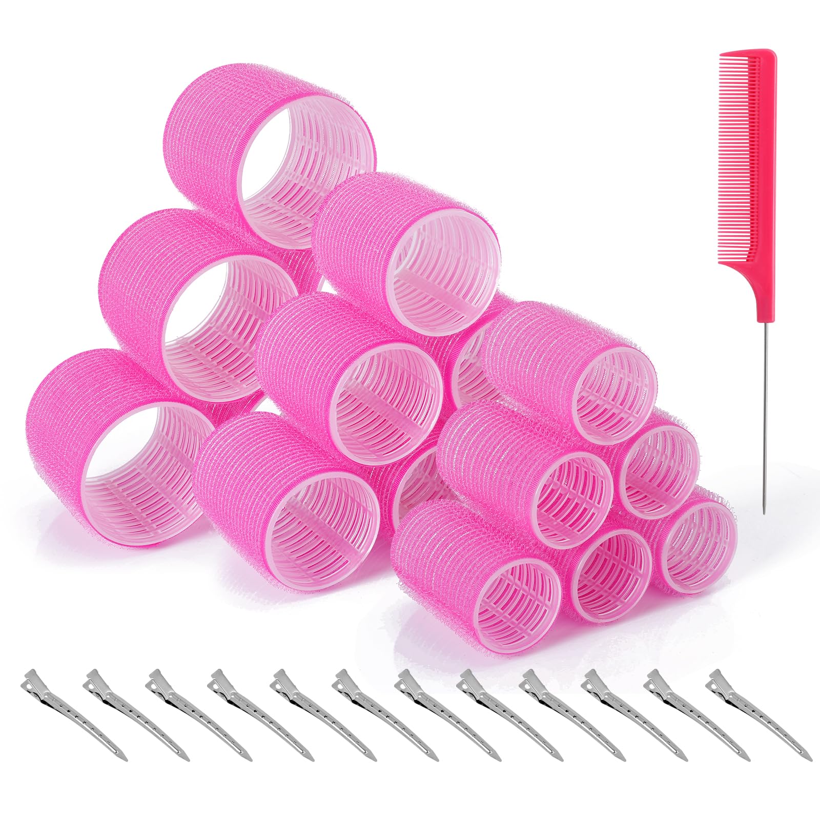 Romon 31 sztuk dużych lokówek, 60 mm 45 mm 36 mm samonastawne lokówki i 12 szt. spinek, wałki do włosów bezgrzewne lokówki do salonu fryzjerskiego, spania, długich i krótkich włosów (różowy)