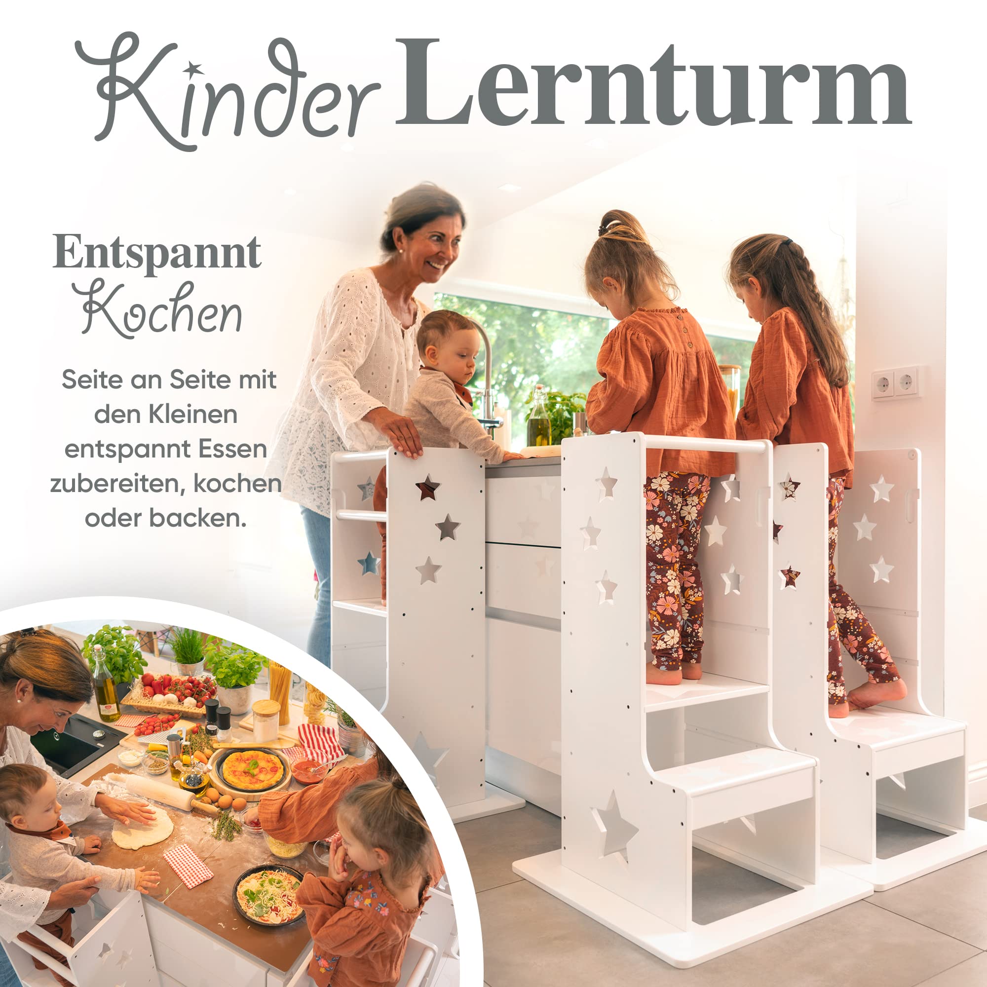 Kids Woody Star® Lernturm ab 1 Jahr [360° KIPPSCHUTZ] Höhenverstellbar Learning Tower Lernturm Montessori | Tritthocker Kinder | Schemel Lernstuhl Lerntower | Holz/Weiß
