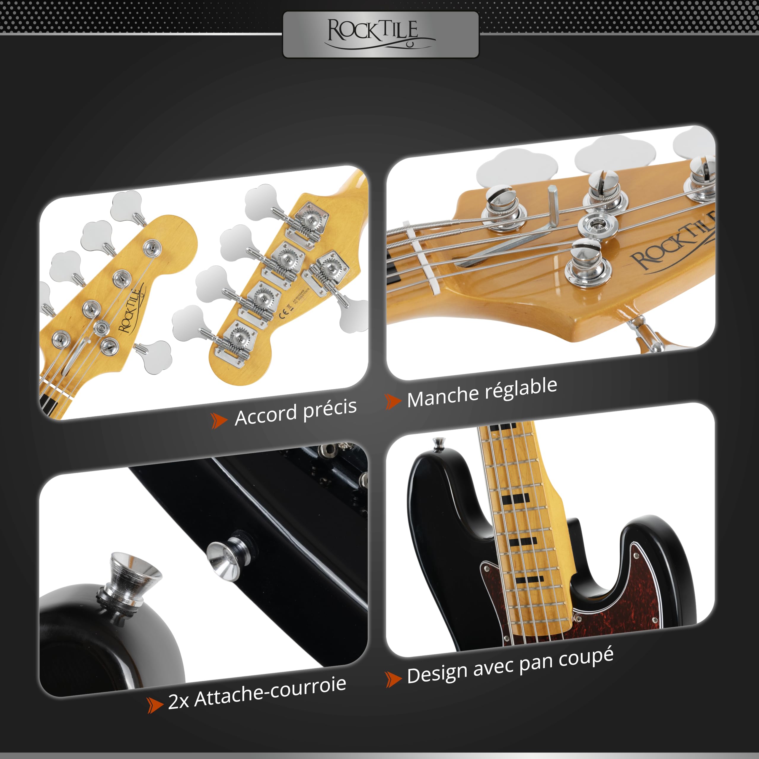 Rocktile Pro JBS50-BK Basse 5-cordes JB-Style - Corps en tilleul - Manche érable & touche érable - 2x Single Coil - 2x Volume, 1x Tone - Mensur 34" - Noir