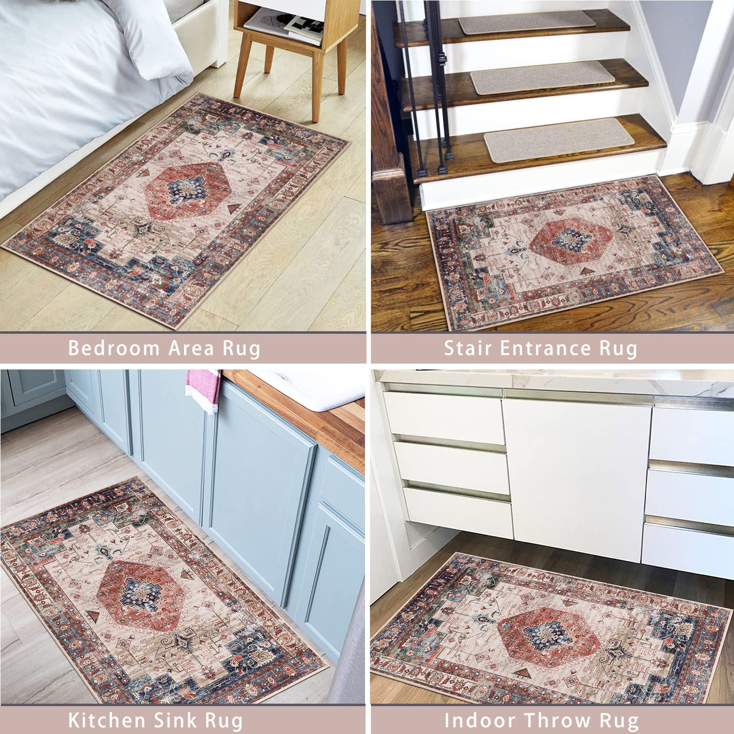Falflor Area Rug 2'x 3' Vintage Distressed Entryway Rug Non Slip Indoor ...