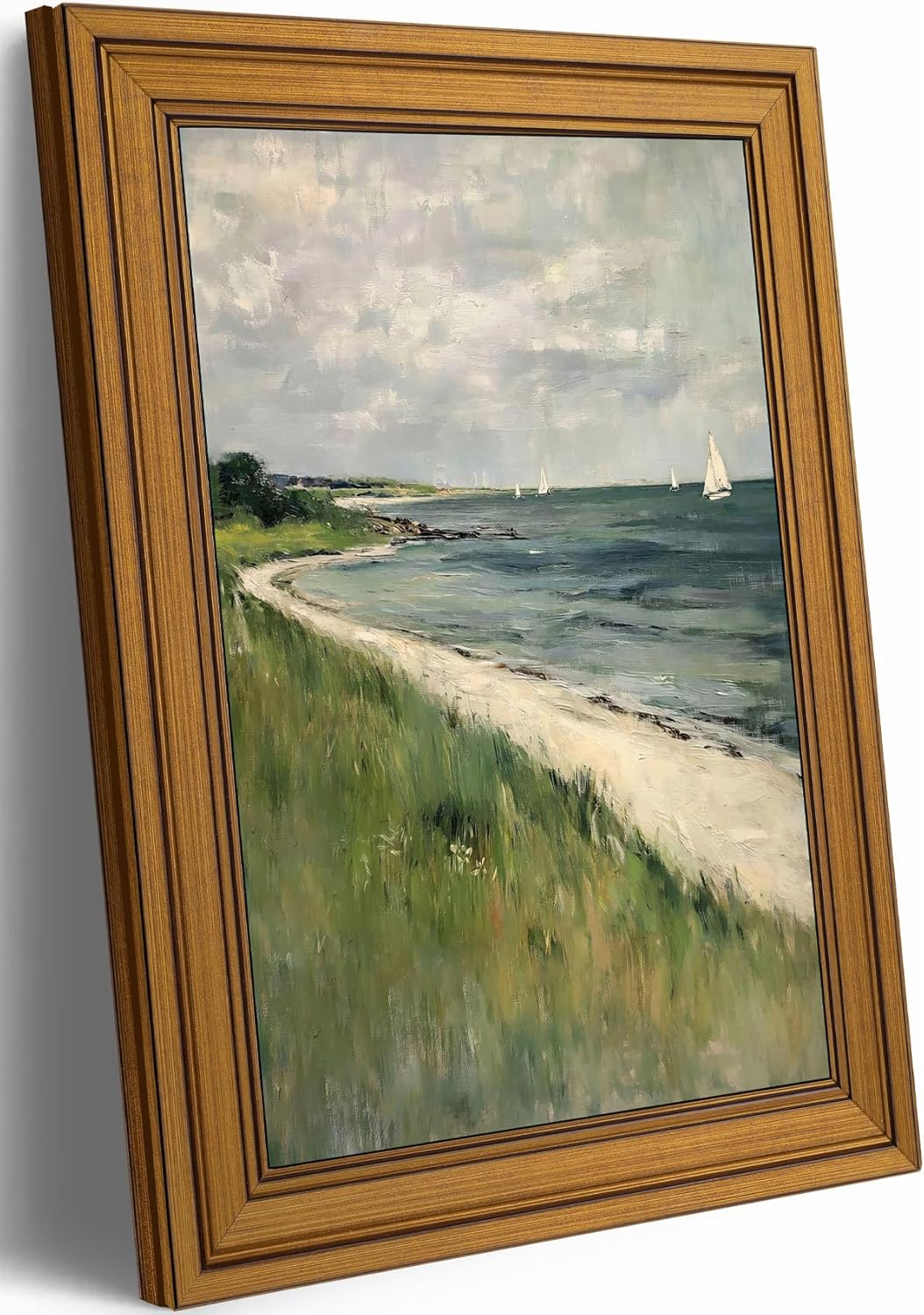 Vintage Gold Framed Coastal Landscape Canvas Wall Art, Beach Storm Clouds Poster Print Artwork, Seaside Sailboat Painting Picture Wall Decor, for Living Room, Bedroom, Home Decoration, 12x16in