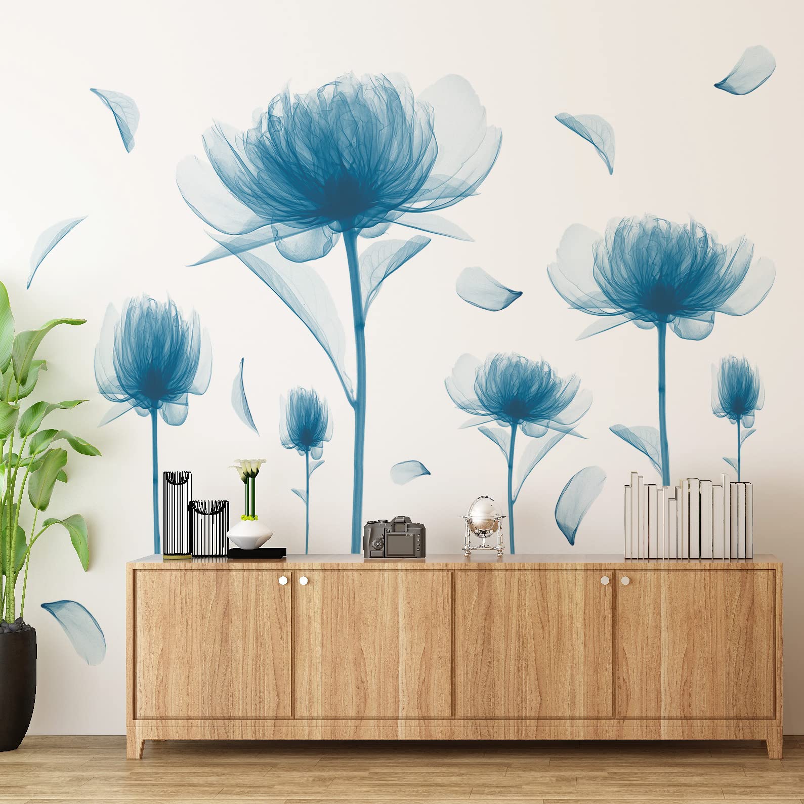 6 PCS Blue Lotus Blossom Floral Wall Stickers Romantic Painting Art Decor Flowers Bud Wall Decals Vinyl Removable Peel and Stick for Living Room
