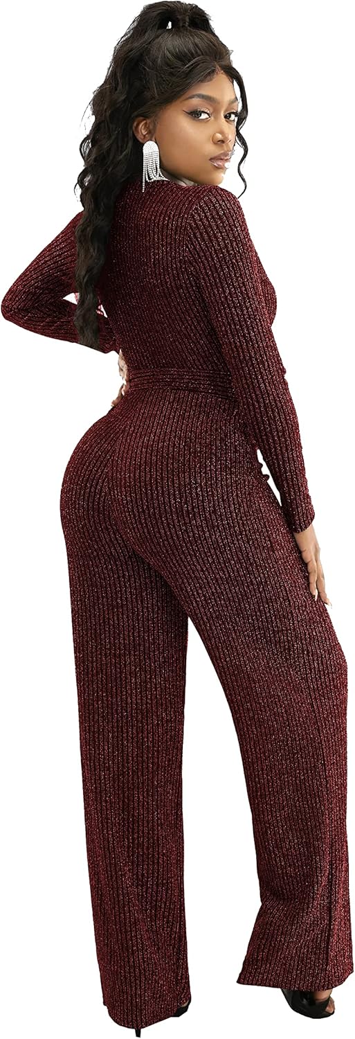 LightlyKiss Women's casual sexy V-neck sparkling jumpsuit long sleeve loose jumpsuits Fashion Club party Rompers with belt - Image 3