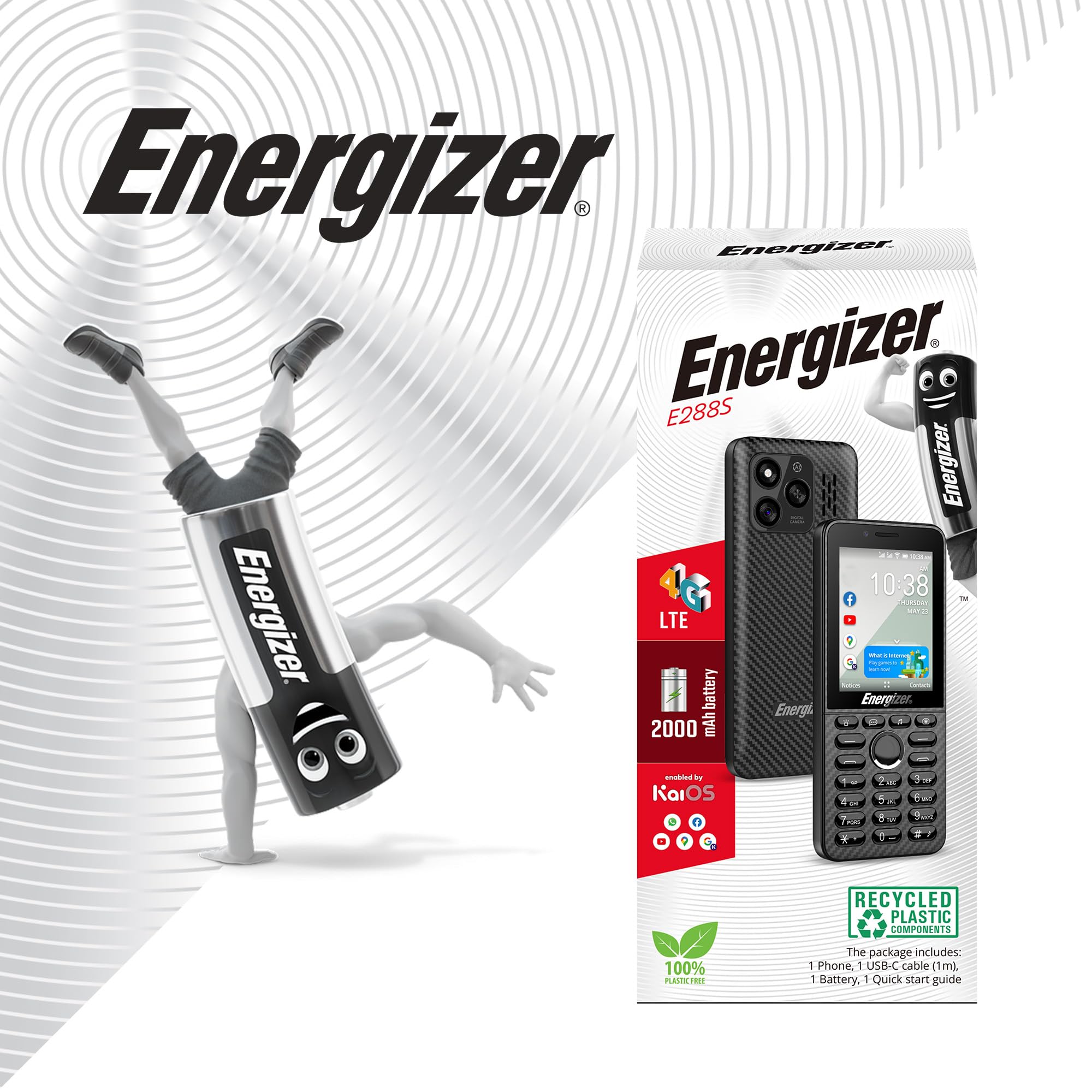 Telefon Energizer E288S, 4G, KaiOS, bateria 2000 mAh, duży ekran 2,8'', 4GB RAM 512 MB ROM, kabel USB-C, bez ładowarki sieciowej