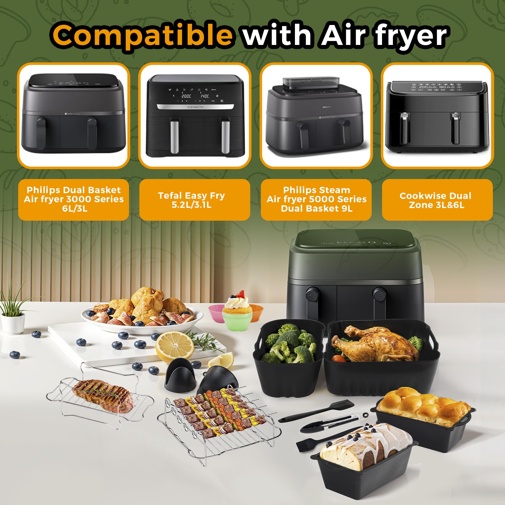 Pietuley 28 Sztuki Akcesoria do Foremek Silikonowych Air Fryer do Philips Series 3000/5000 Dual Basket 3L/6L, Frytkownica Akcesoria na Gorące Powietrze do Philips Steam Airfryer NA350/00 NA550/00
