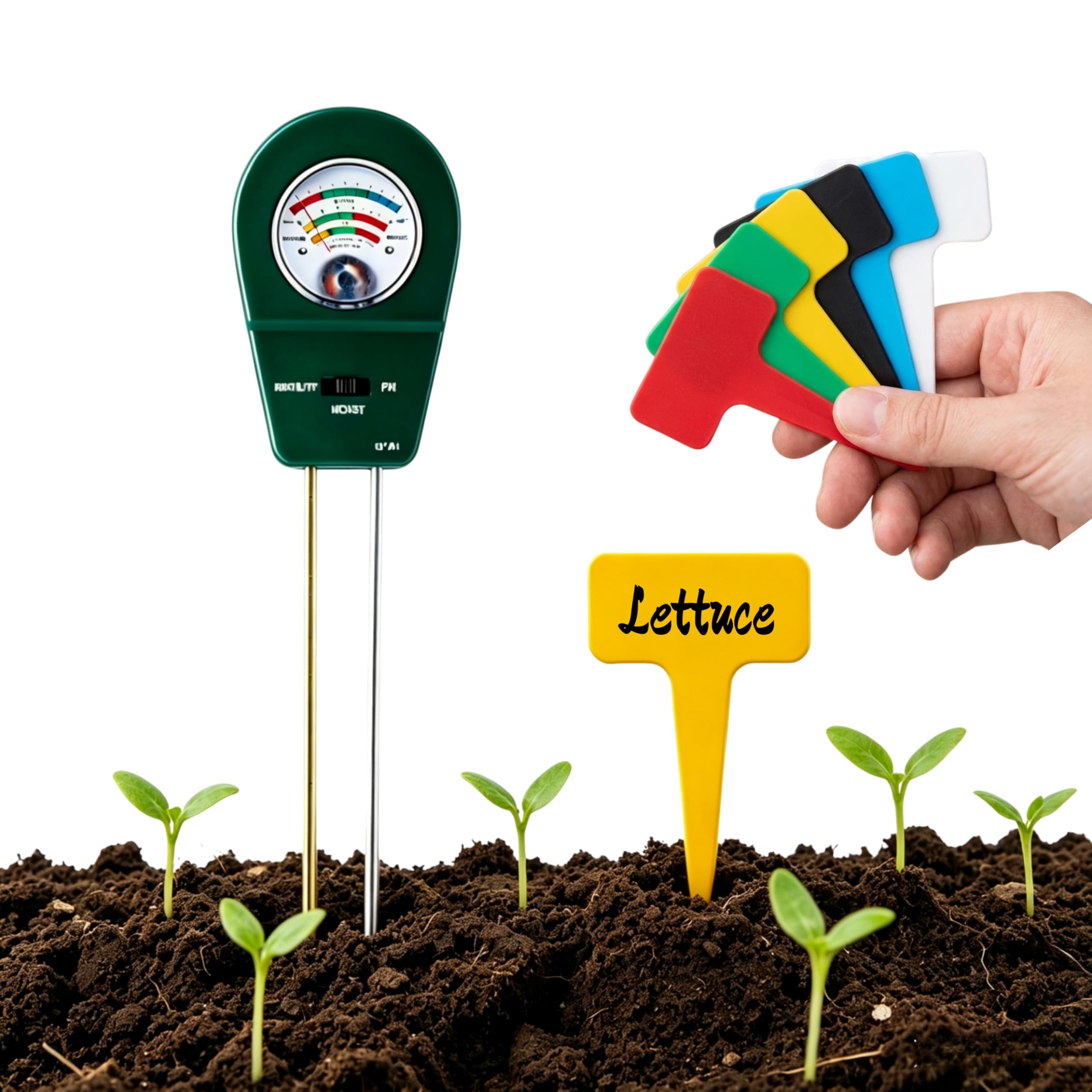 3 in 1 Soil Tester with 6 Labels, Soil Ph Tester, Soil Moisture Meter and Soil Fertility Test, Soil Testing Kit Suitable for Garden Maintenance, Farm, Lawn, Indoor and Outdoor, No Battery Required