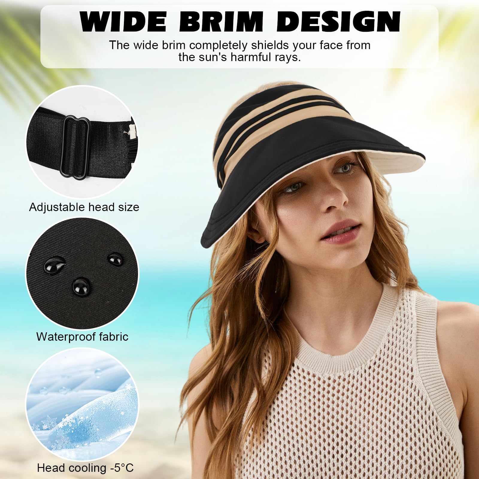 TAGVO Chapeaux de Anti-UV Visière pour Femme, Chapeau de Soleil Réversible à Séchage Rapide, Chapeau Randonnée à Large Bord, Chapeau de Légère Pliable pour Camping, Voyage, Plage