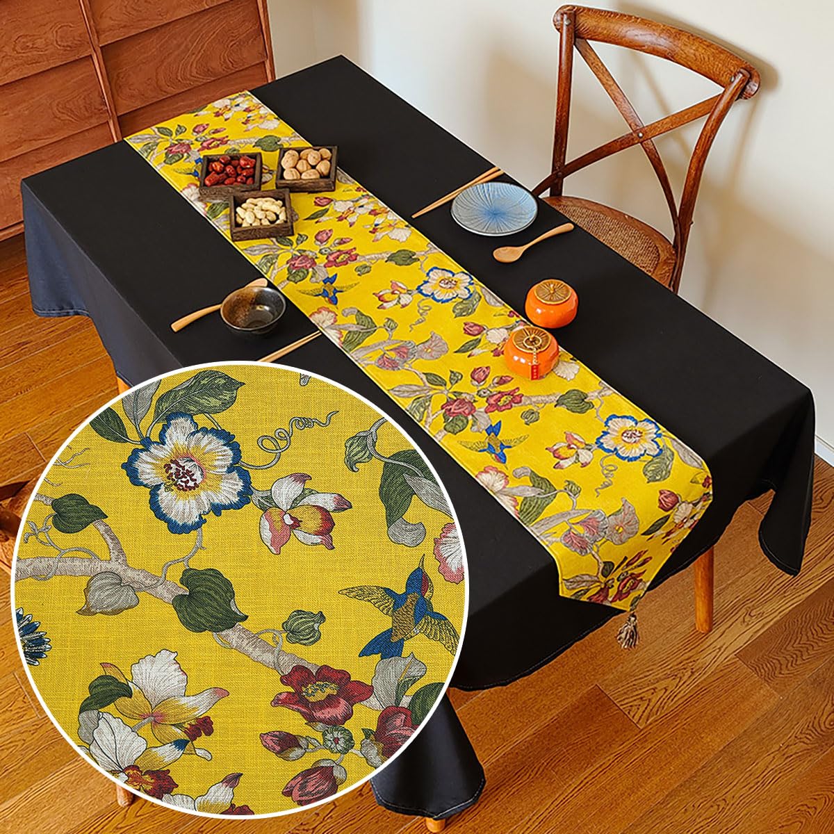 300 x 148cm Leinenstoff Bedruckt Meterware, Bezugsstoff Möbelstoff Blumen Vogelmotiv, Vintage Stoffe Zum Nähen mit Muster, Dekostoff Leinen Motivstoffe für Sofa, Vorhang, DIY Basteln