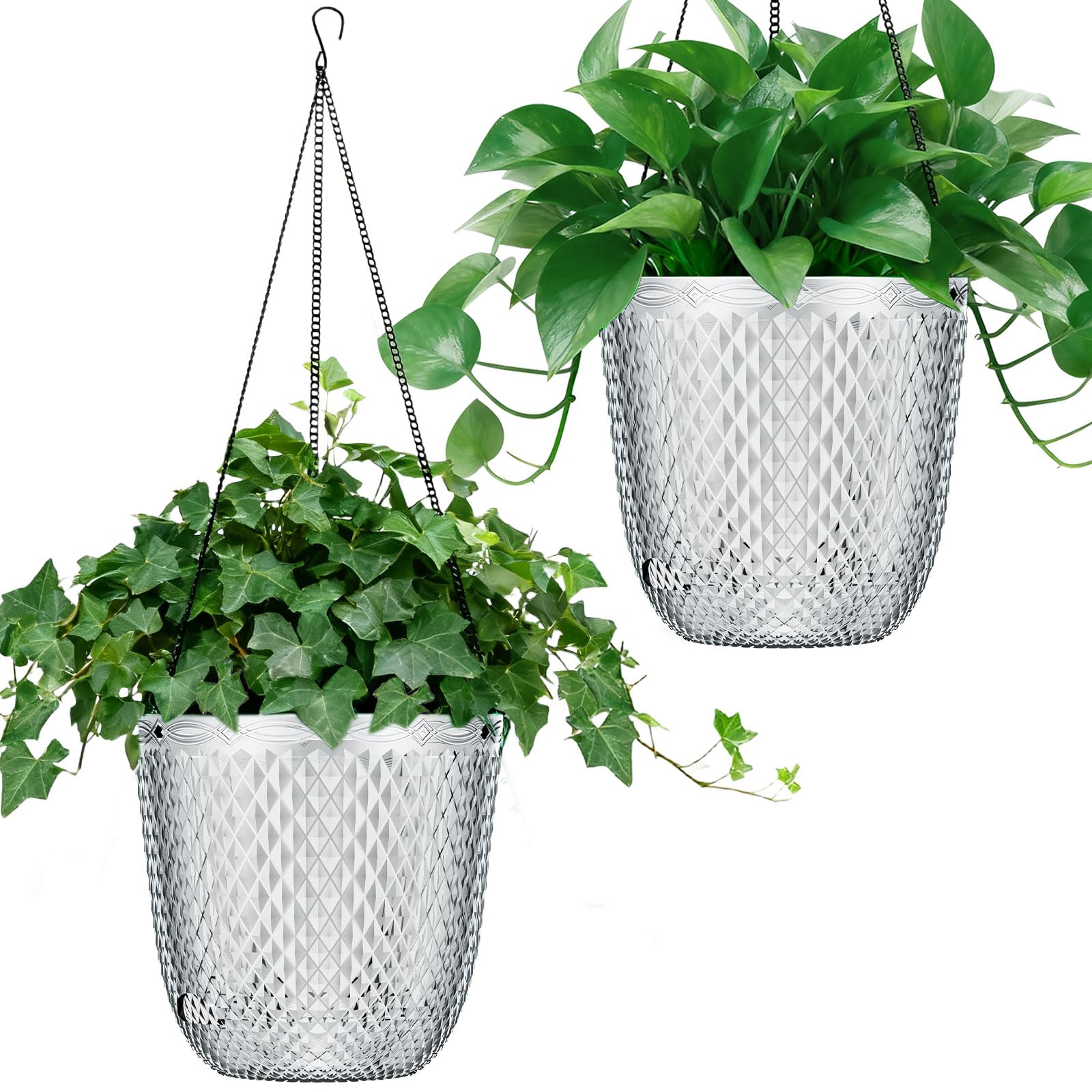 QCQHDU Lot de 2 pots de fleurs suspendus à arrosage automatique de 18 cm pour plantes d'intérieur avec trous de drainage et 3 chaînes de crochets pour jardin et maison (transparent)