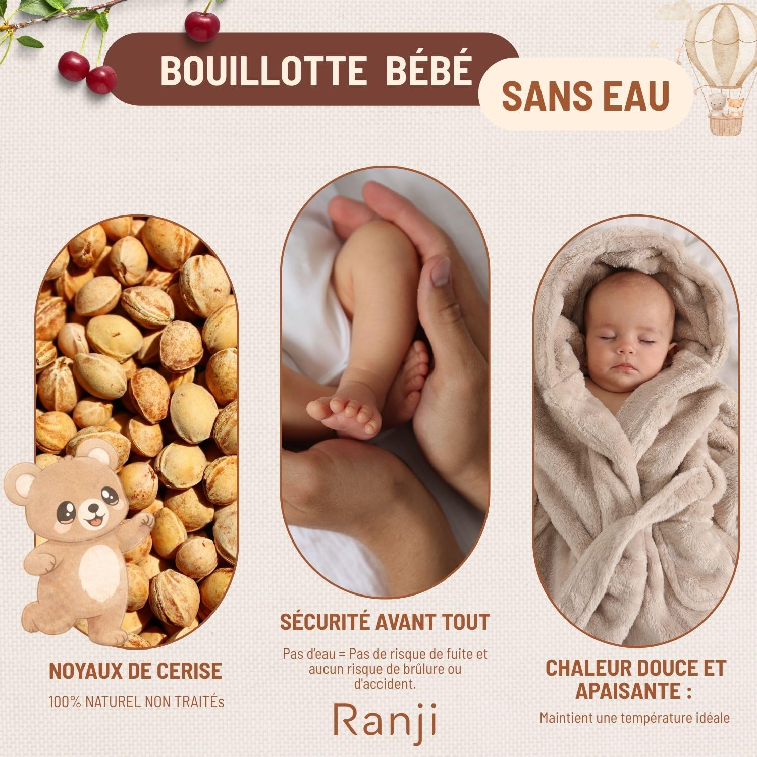 RANJI - Bouillotte Bébé Anti Colique à Noyaux de Cerise – Ceinture Chauffante Micro-ondes OEKO-TEX & Coton Bio GOTS pour Coliques du Nourrisson (Ourson)