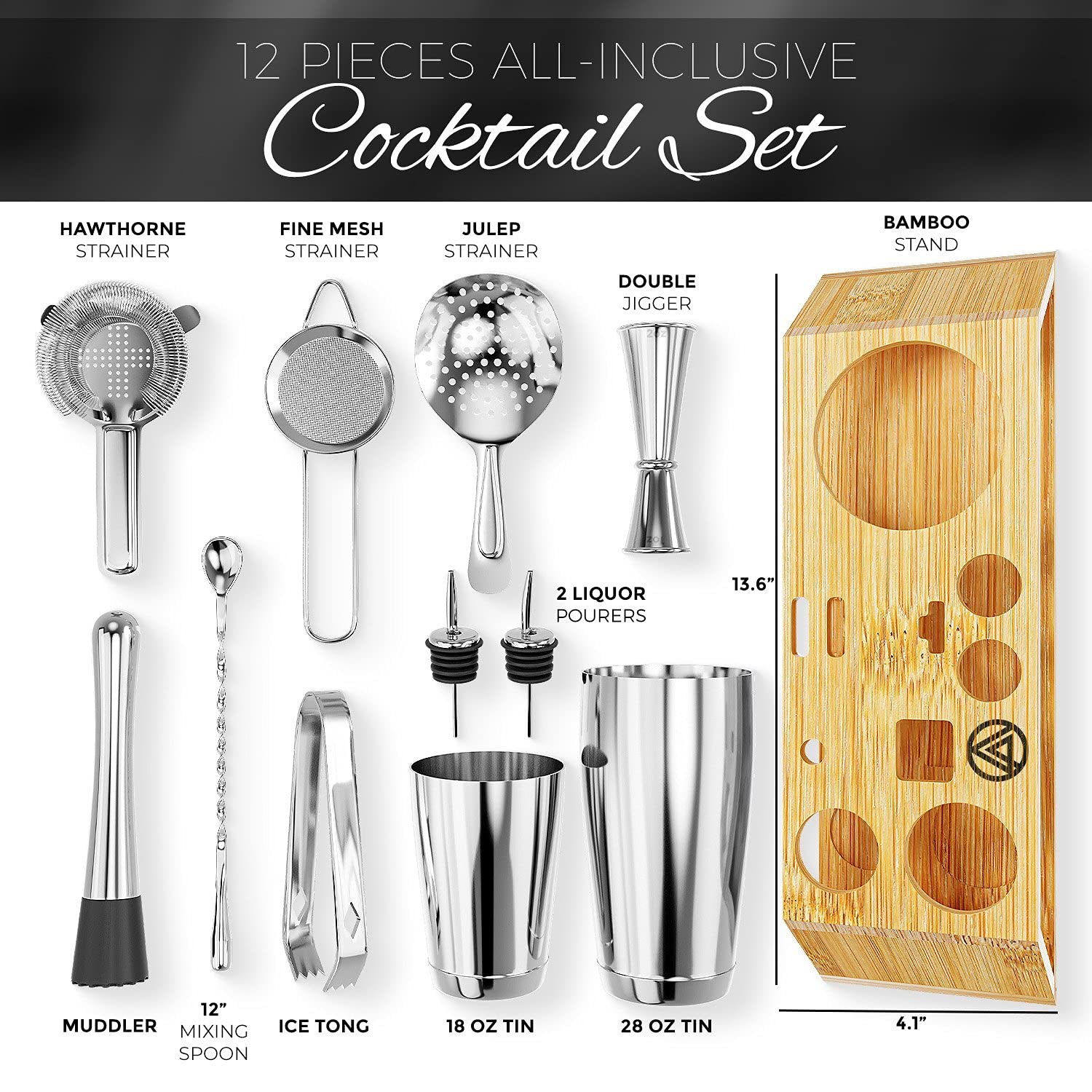 12Piece Silver Cocktail Shaker Set with Bamboo Stand, Weighted 18