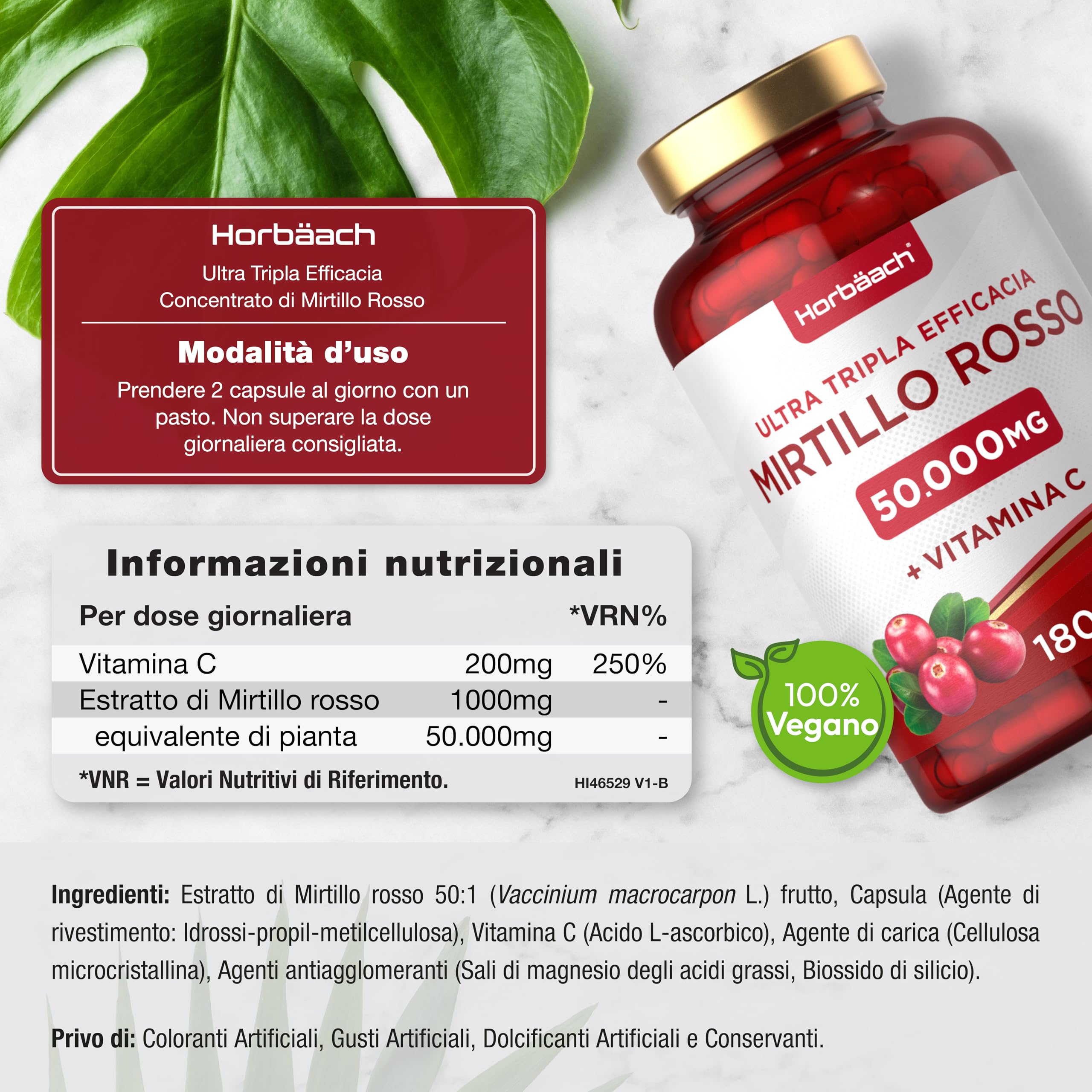 Mirtillo Rosso 50000 mg con Vitamina C | Cranberry 50:1 Extract | 180 Capsule Vegane in Polvere | Horbaach