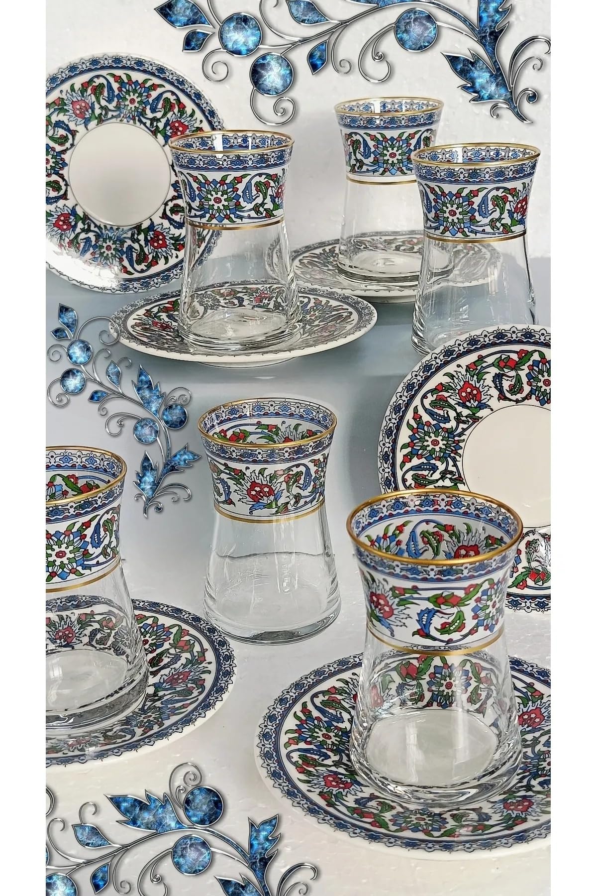 Handgefertigte türkische Teegläser mit Untertassen, altmodische türkische Teetassen, Vintage-Teegläser, 6er-Set, arabisches Trinkgeschirr, Vintage-Stil, persisches und marokkanisches Glas