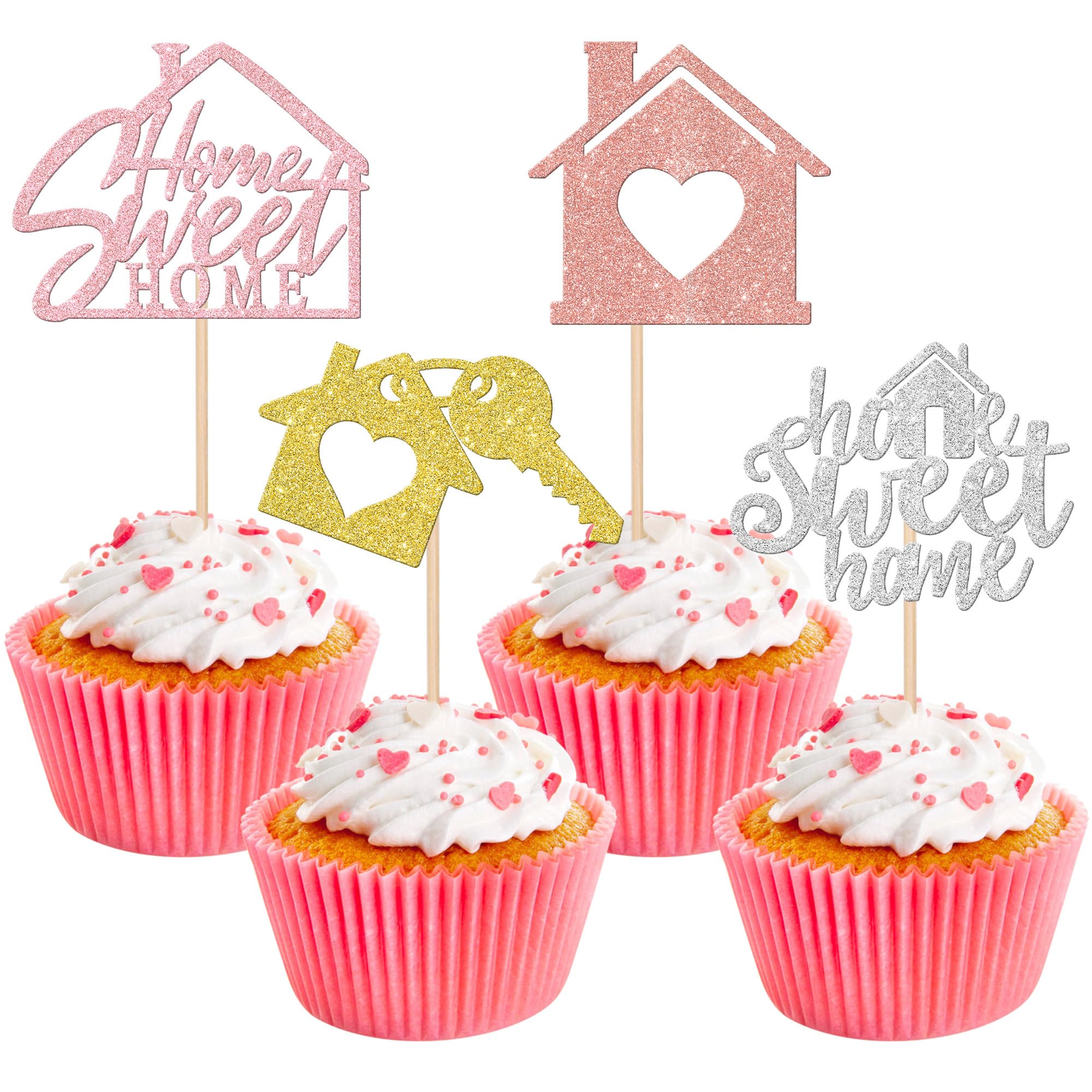 Xsstarmi 24 Pack Sweet Home Cupcake Toppers Glitter Key Warm Home Cupcake Picks Housewarming Cupcake Decorations for New Home Theme Party Cake Decorations Supplies