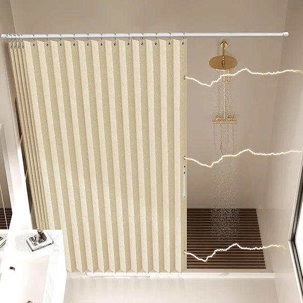 AJAZZ Magnetic Folding Shower Curtains Acordion Shower Curtain Fabric Polyester Waterproof Shower Curtains Suitable for Family Hotel Homestay Bathroom (Beige,77" W x 72" L) 1 Panel