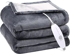 GAOMON Electric Heated Blanket Throw, Super Cozy Soft Flannel Heated Throw with 4 Fast Heating Levels & 10 Hours Auto Off, Machine Washable, ETL Certification, Home Office Use(Queen, Grey)