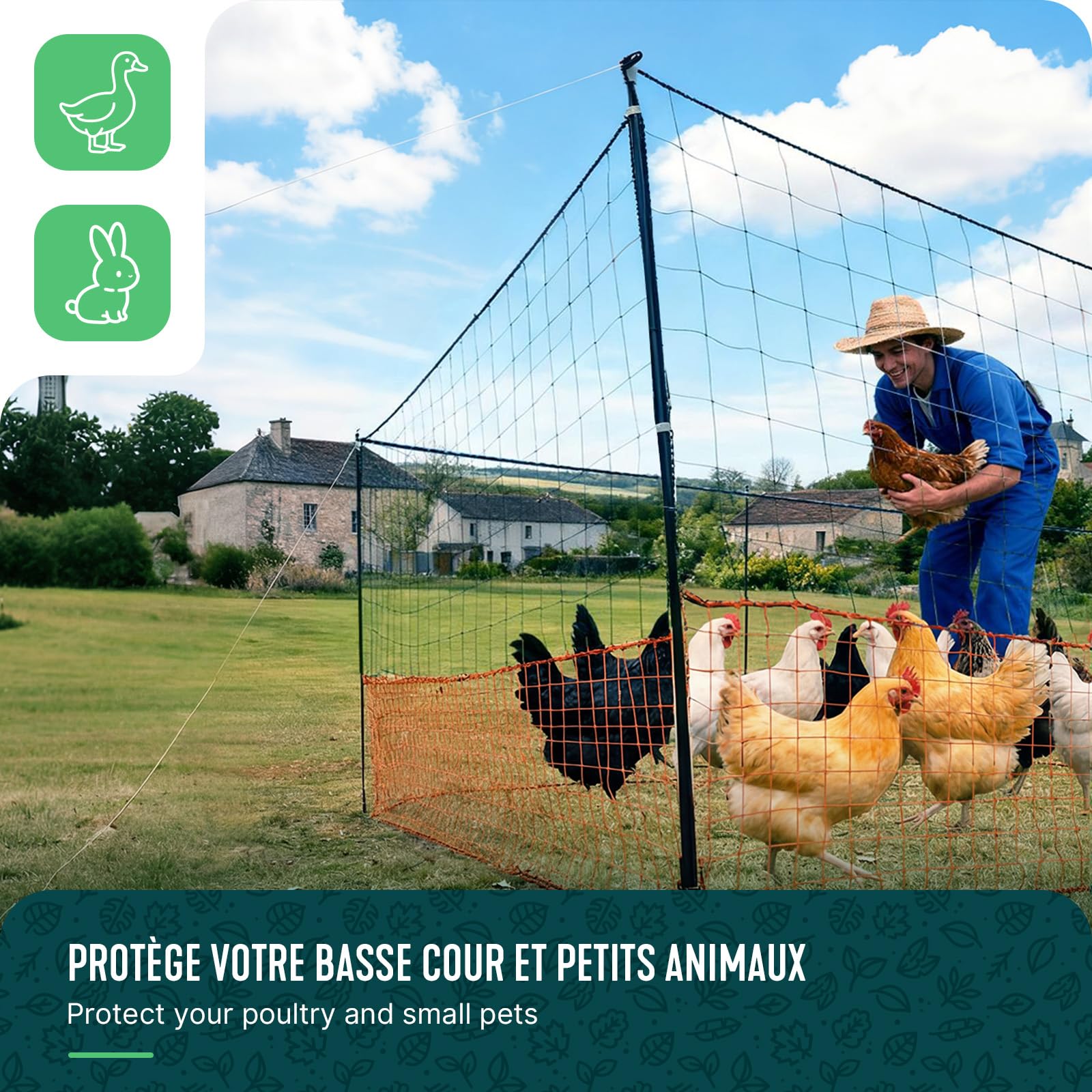 VOUNOT® Kit Valla de Red para Gallinas 30M con Puerta Malla Gallinero PE Resistente Rollo Cercado Valla Pollo Cerca Red Protección para Aves de Corral con Estaca Doble Punta para Pollos Jardín Naranja