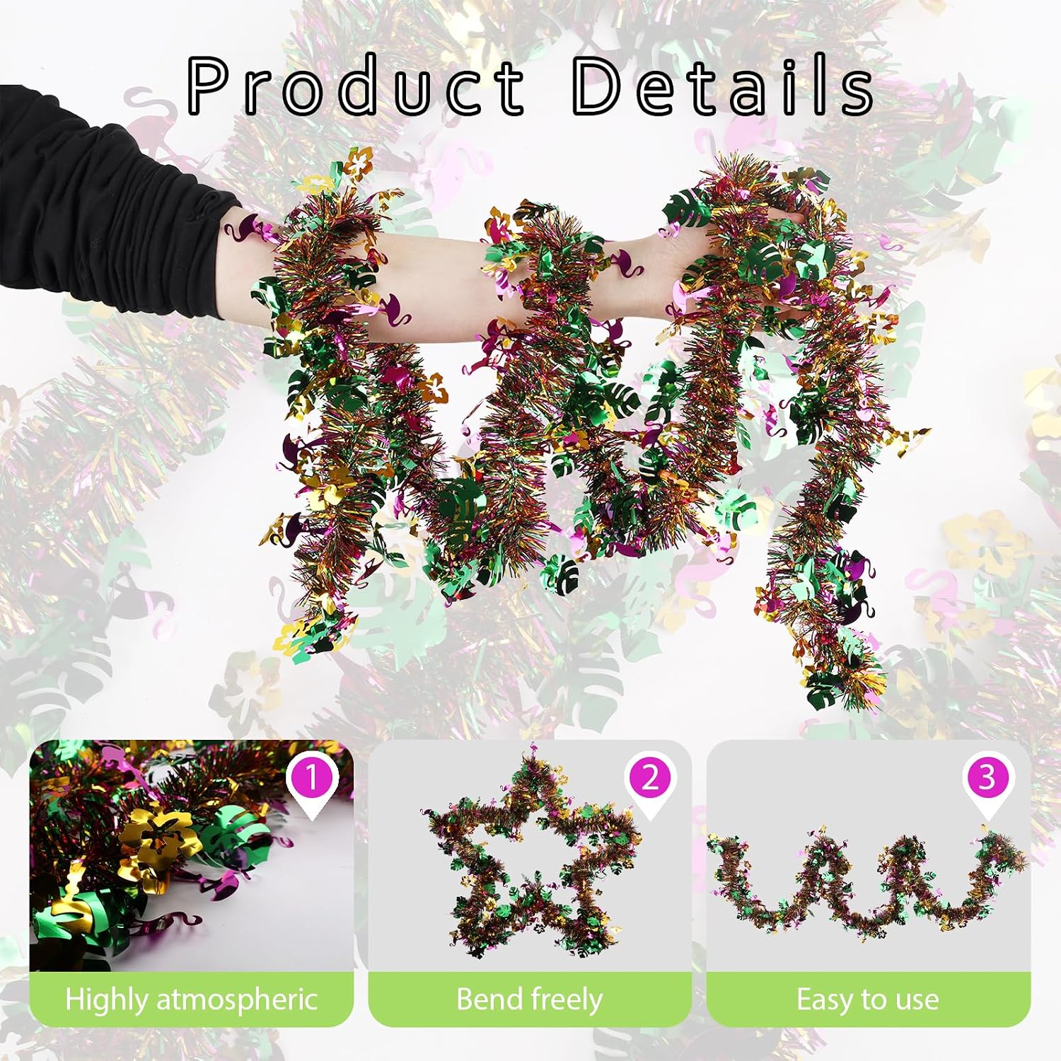 Wootkey 4 Pcs Hawaiian Tinsel Garland Glitter Tropical Summer Garland Decorations for Summer Garlands Hawaii Flower Banner Party Supplies Holiday Decor