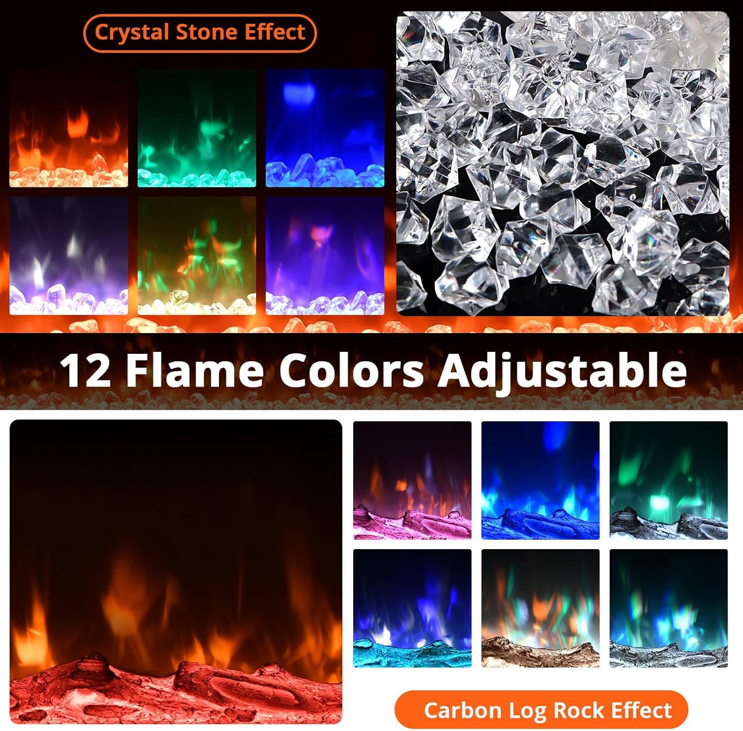 Chimenea Eléctrica 3D de Pared 50" (127 cm) con Calefacción, 900/1800 W, LED 12 Colores