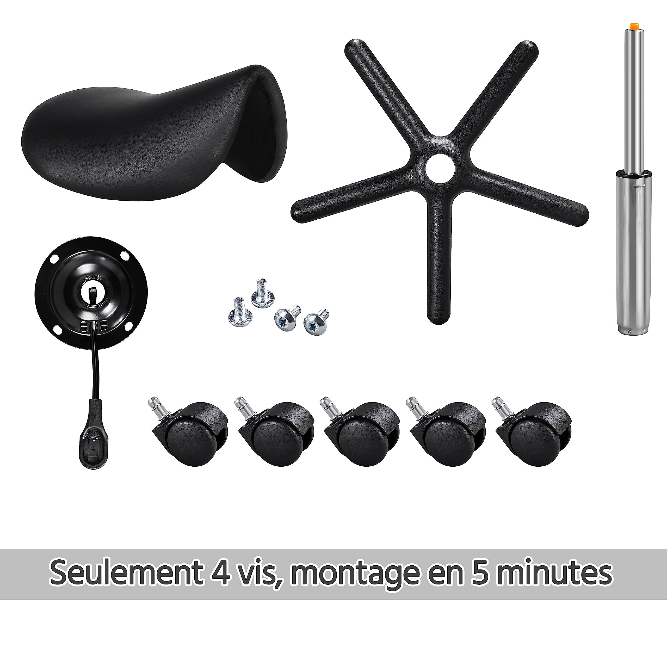 Yaheetech Tabouret roulettes Professionnel PU Tabouret Ergonomique Selle De Cheval Anti Mal De Dos à roulettes Pivotantes Hauteur Réglable 45,5-60 cm Noir