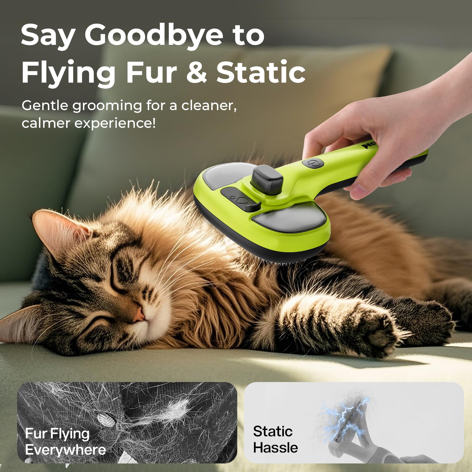 pecute Cepillo Vapor para Gatos, Multifuncional Cepillo Vapor Recargable, Peine para Perros Autolimpiable, Antiestático Peine de Masaje para Pelo Largo Gatos Perros, Solo Niebla Fría (Verde)