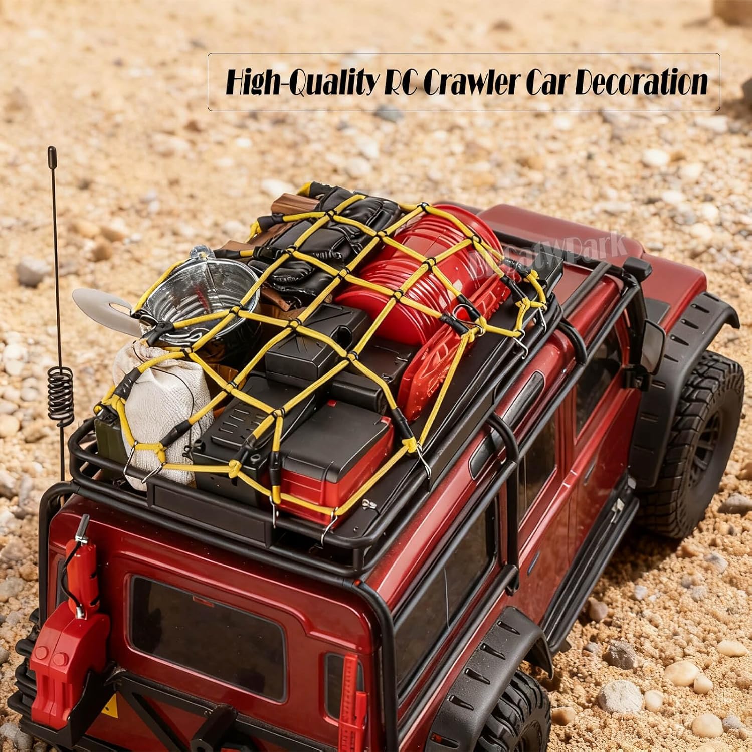 RC Crawler Car Decoration Upgrades Part for 1/10 Trx4 Trx6 SCX10 Gen 7/Gen 8,Fishing Box,Luggage net,Size Oil Drum,Recovery Board,Pot Bag,Wood Box Set,Sleeping Bag,Tent,Storage Bag,Antennas,Red