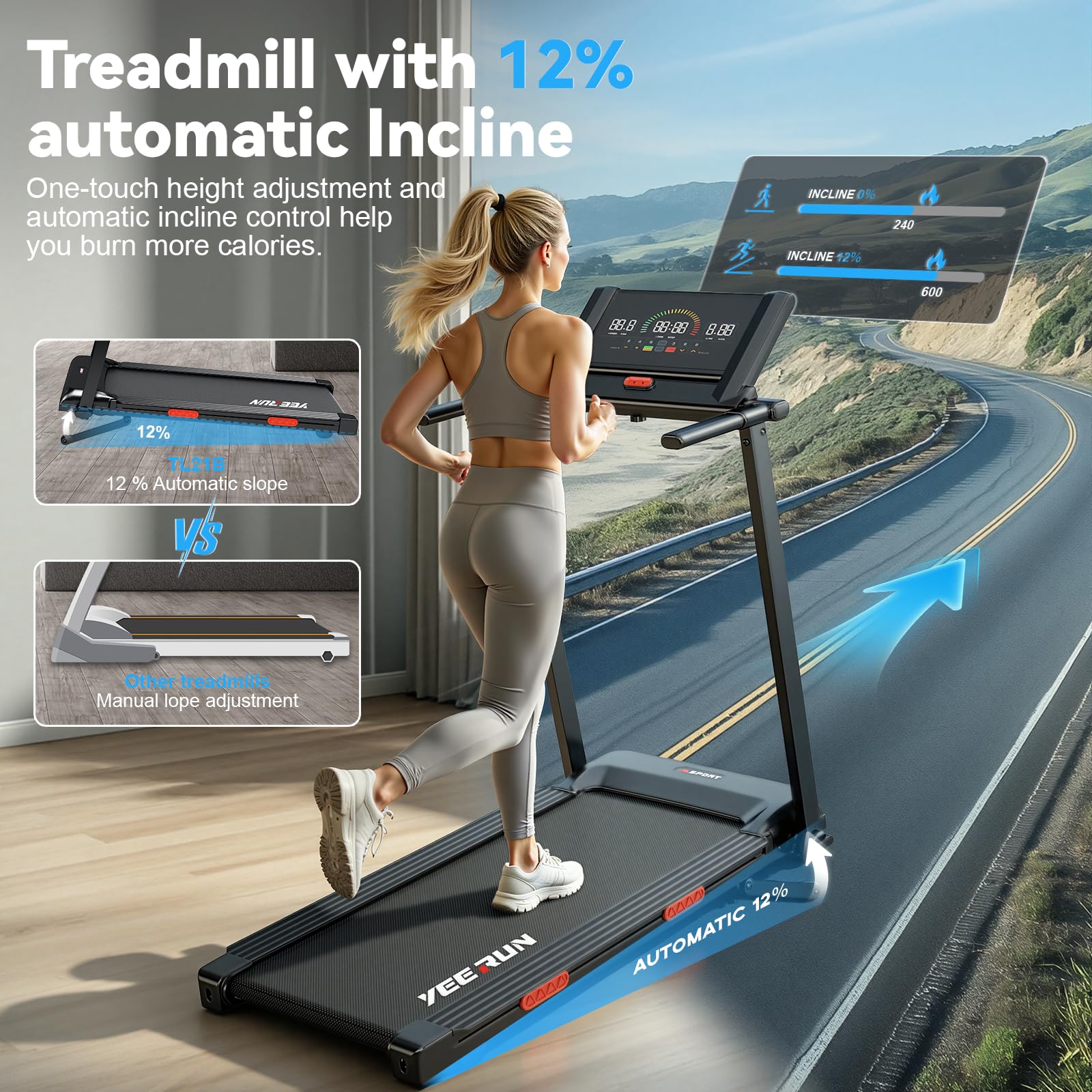Cinta de Correr, Cinta de Correr Plegable 4 en 1: inclinación Regulable eléctricamente hasta un 12%; Velocidad de 1-8 KM/H; con Pantalla LED y Panel de Control; Plataforma y barandillas Desmontables.
