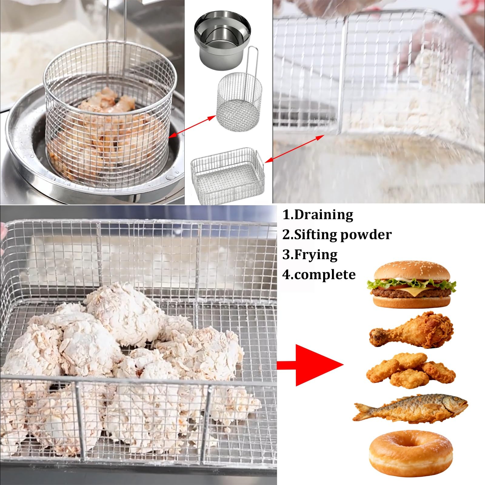 Mesa de preparación de pollo frito, estación de pan comercial de acero inoxidable resistente con cestas y tamiz de harina para restaurante y servicio de alimentos