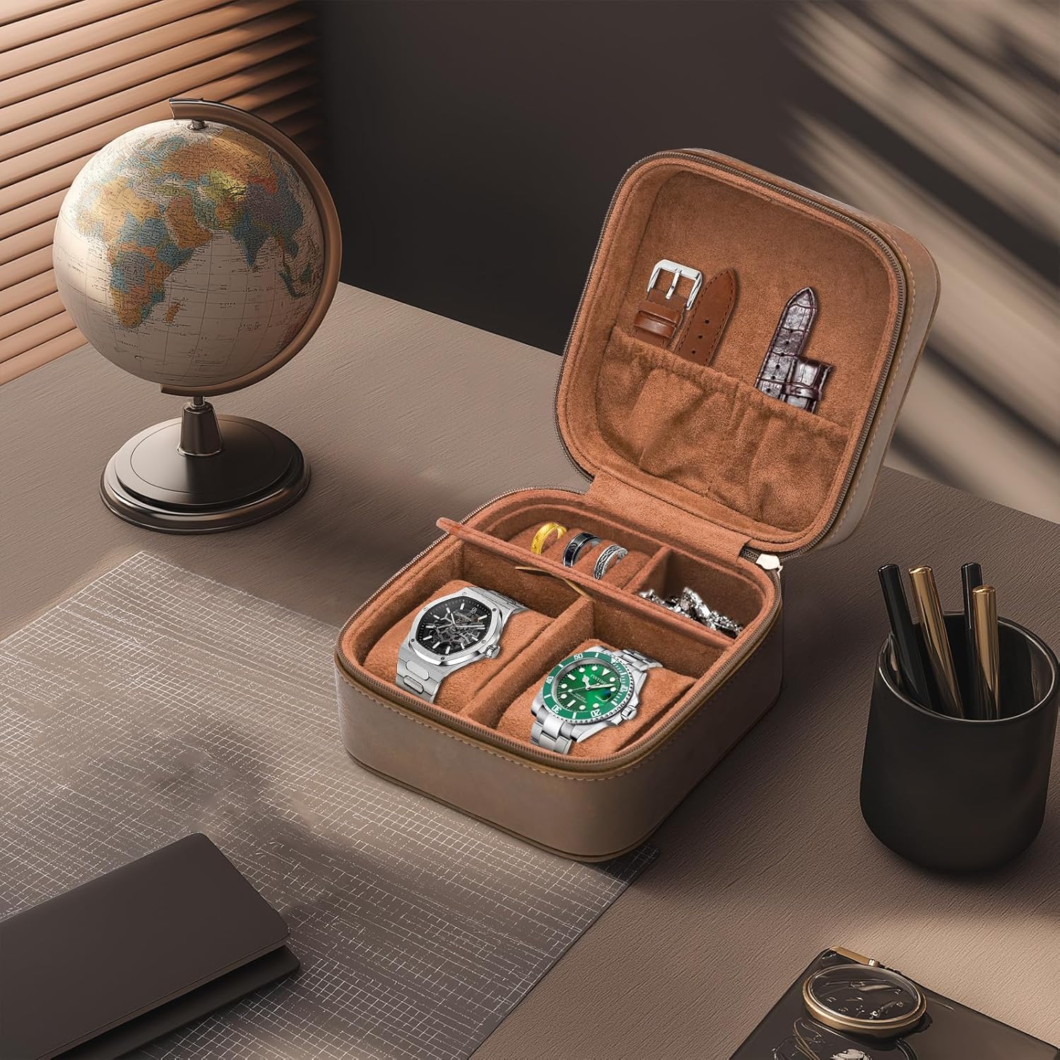 Watch Travel Case for Men, Portable Watch Box Storage Organizer for 2 Watches, PU Leather & Suede Lined, Compact Jewelry Organizer for Wristwatches, Rings, Cufflinks