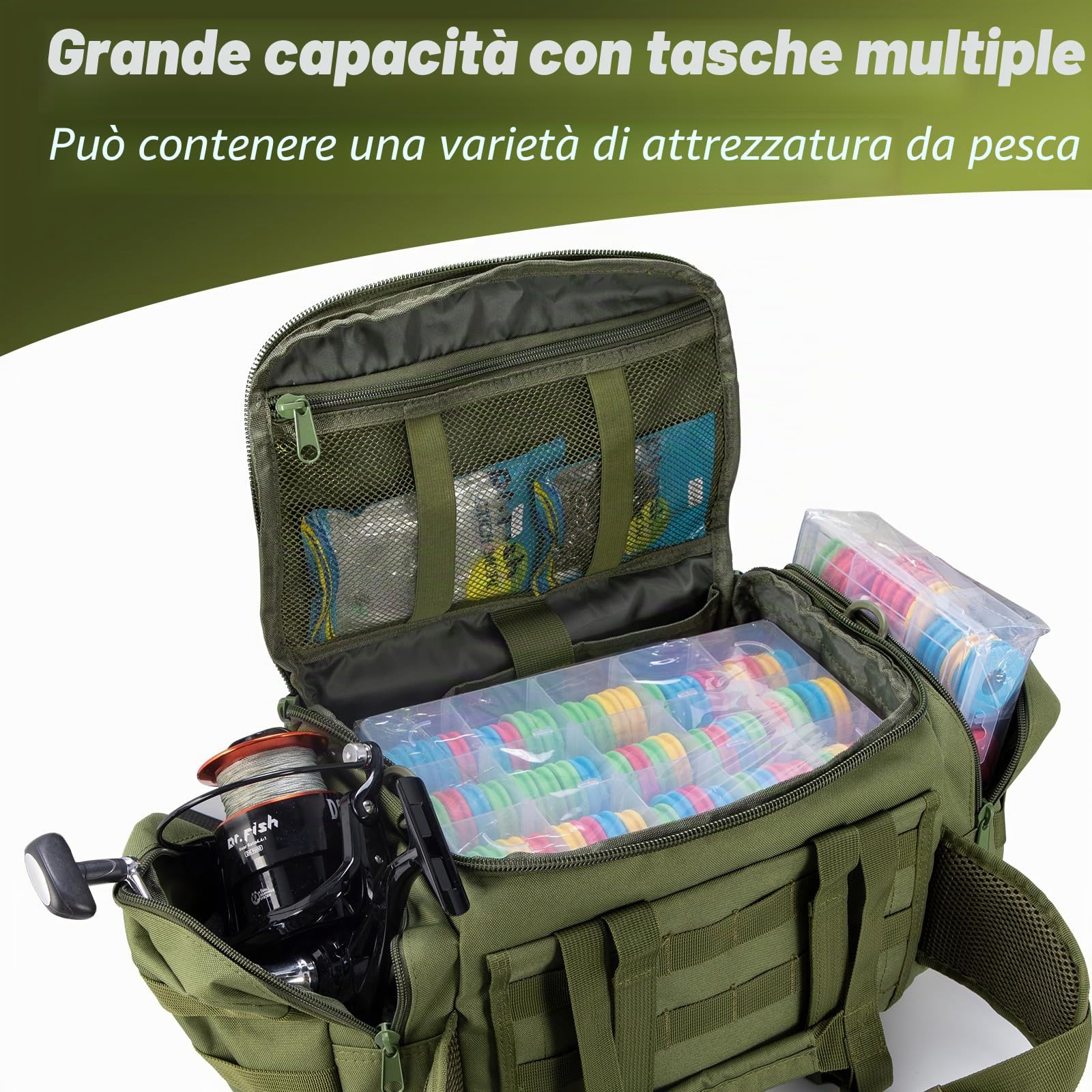 Grande Borsa da Pesca alla Carpa, Borsa portaoggetti con Spalle in Vita Resistente all'Acqua, Multi-Tasche Adatta a Quattro 3600 Holdall per attività all'aperto, Escursioni, Caccia, Campeggio, Viaggi