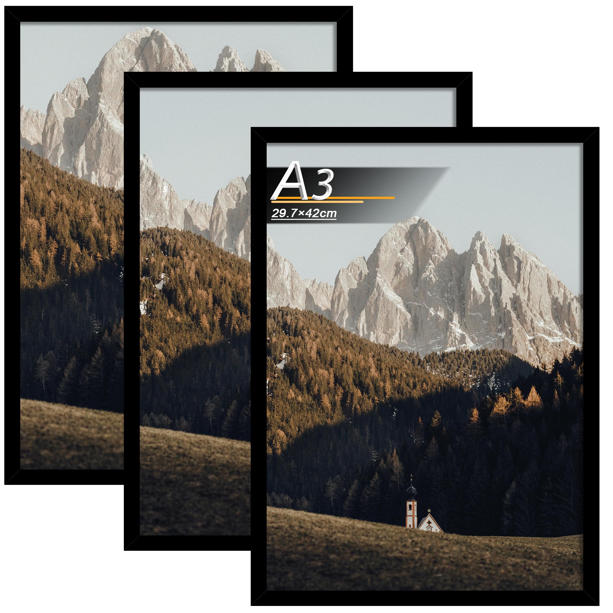 Tinkeps 3er Pack Bilderrahmen A3 (29,7x42 cm) Schwarz, Bilderrahmen Hergestellt aus Holzwerkstoff, Rahmen A3 Ideal für Fotos, Bilder, Poster