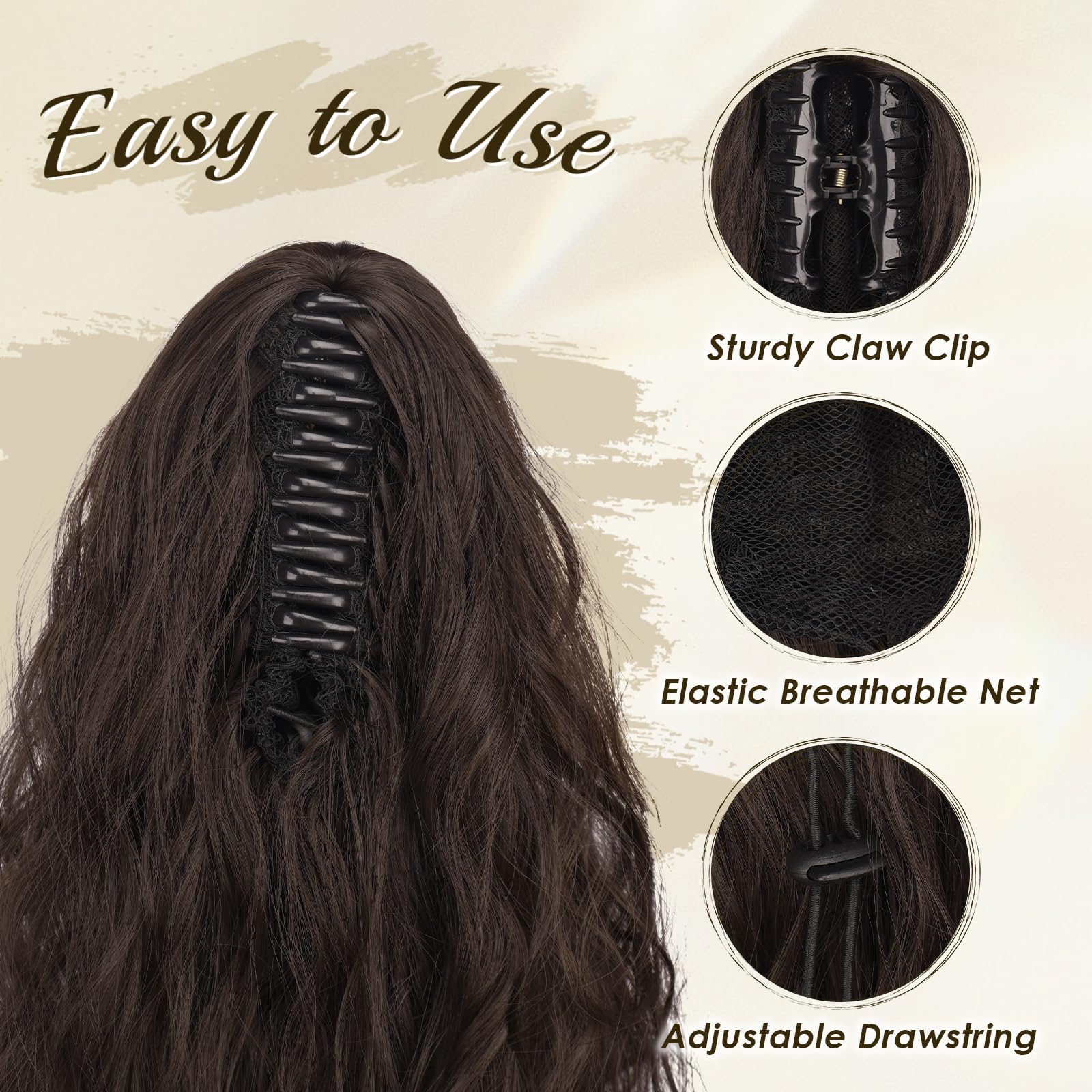 FESHFEN Claw Clip Ponytail Extensions, Long Pony Tail Hair Piece Wavy Curly Synthetic Hairpieces for Women Dark Brown 26 inch - Image 3