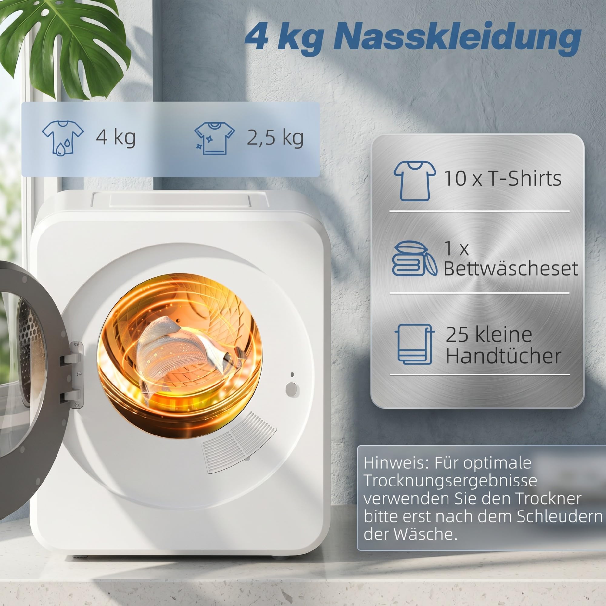 HOMCOM Mini Wäschetrockner 4 kg Kapazität 800 W Freistehend bis 60℃ Weiß | Einstellbarer Timer, Stapelbar, Wandmontierbar Ablufttrockner, Edelstahltrommel, Touch-Display, für Kleidung