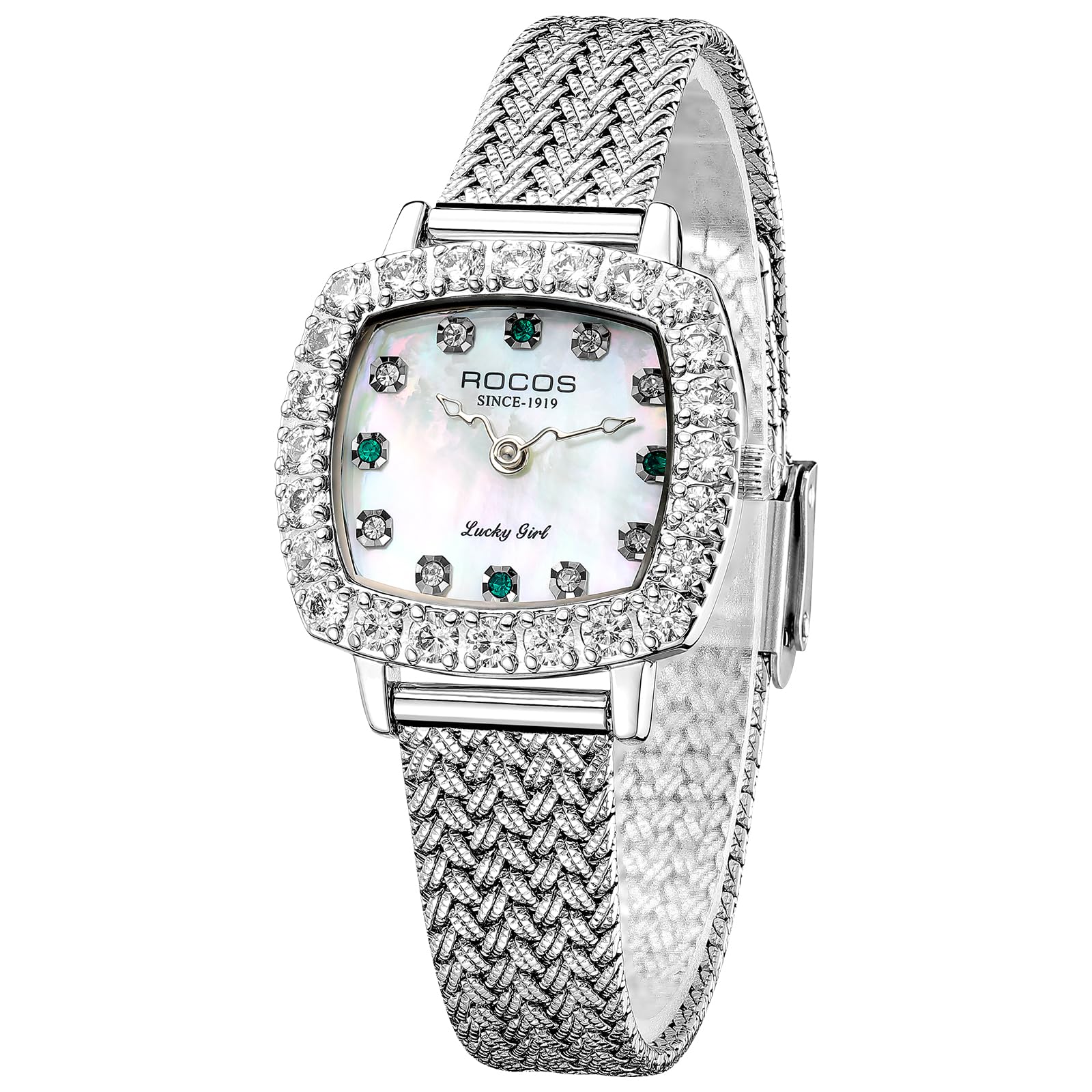 ROCOSJEWE Luxury Silver Diamond Ladies Watch for Women, Square Quartz Wrist Watch with Natural Mother-of-Pearl Dial, Elegant Small Dial, Premium Branded Women’s Watch, Gift for Women R0264 discount deal