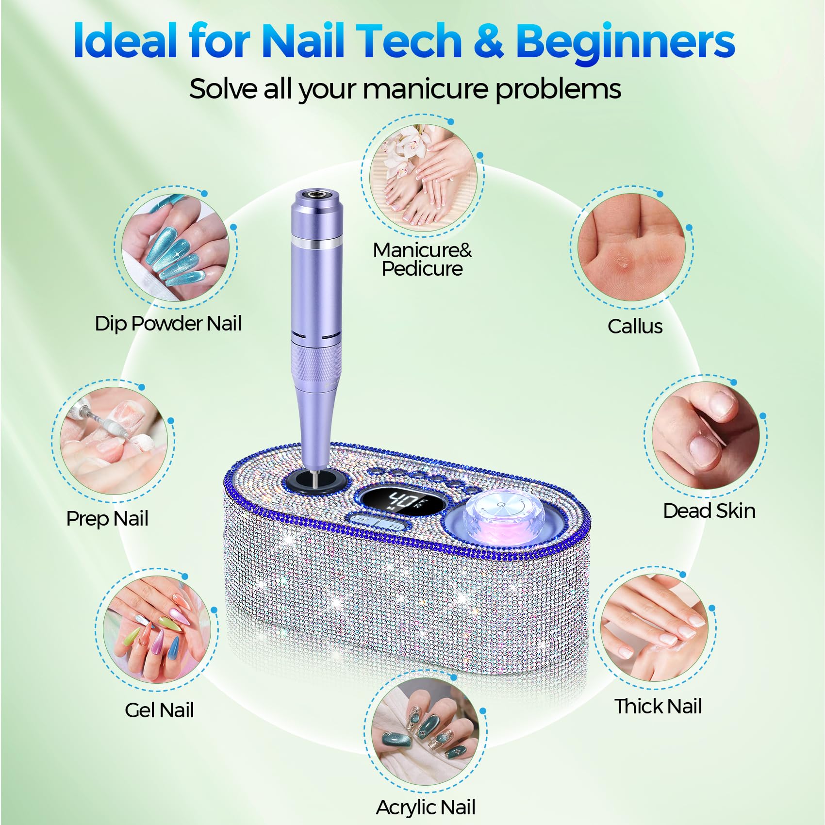 Sparkly profesjonalny zestaw wierteł do paznokci, 40000 obr./min, z 12 wiertłami do paznokci akrylowych, usuwania, żelu, manicure, do salonu, domu, kryształowego diamentu