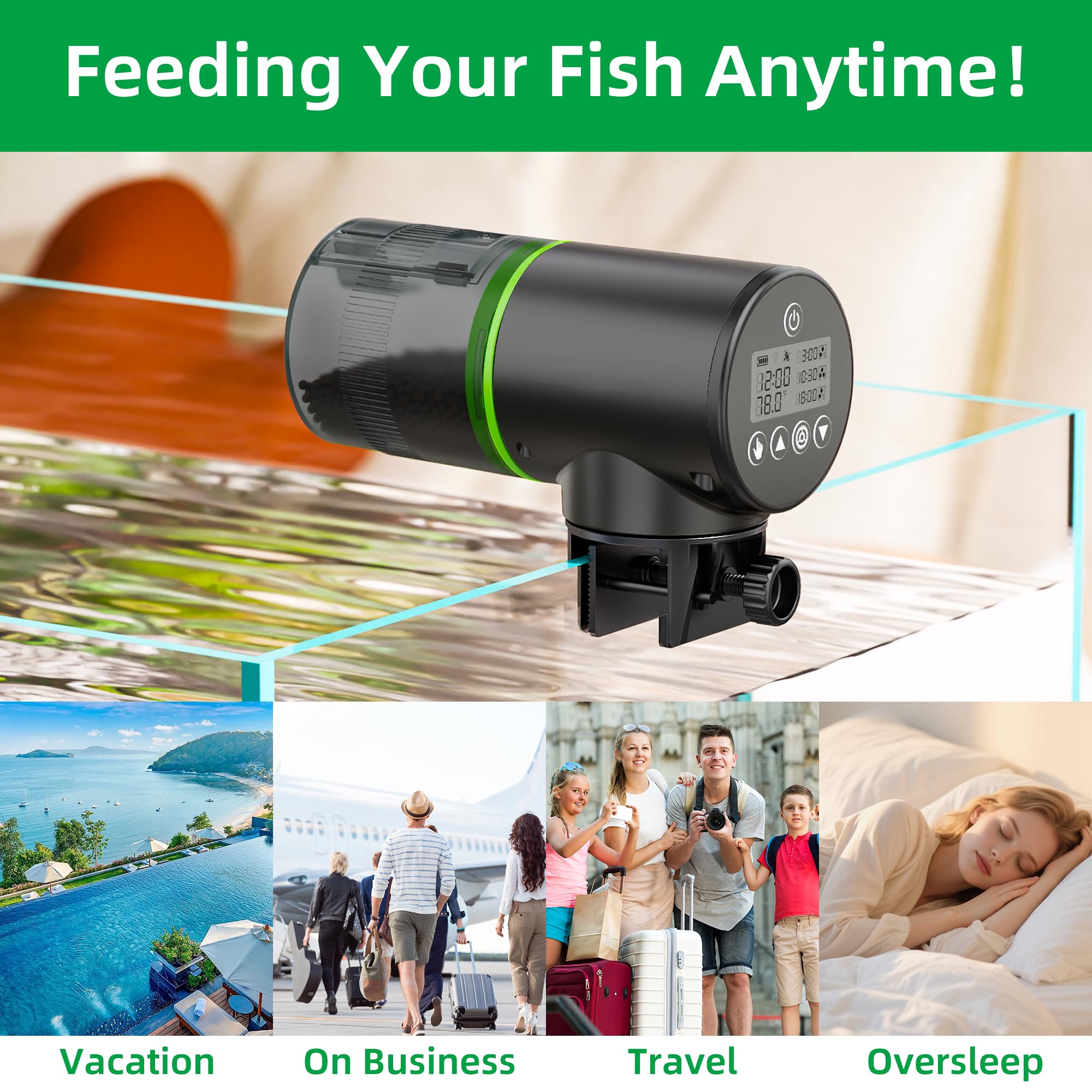 Aysoner Distributore automatico di pesce per acquario: display della temperatura, dispenser intelligente di cibo per pesci a prova di umidità per acquario Betta Turtle Tank durante le vacanze