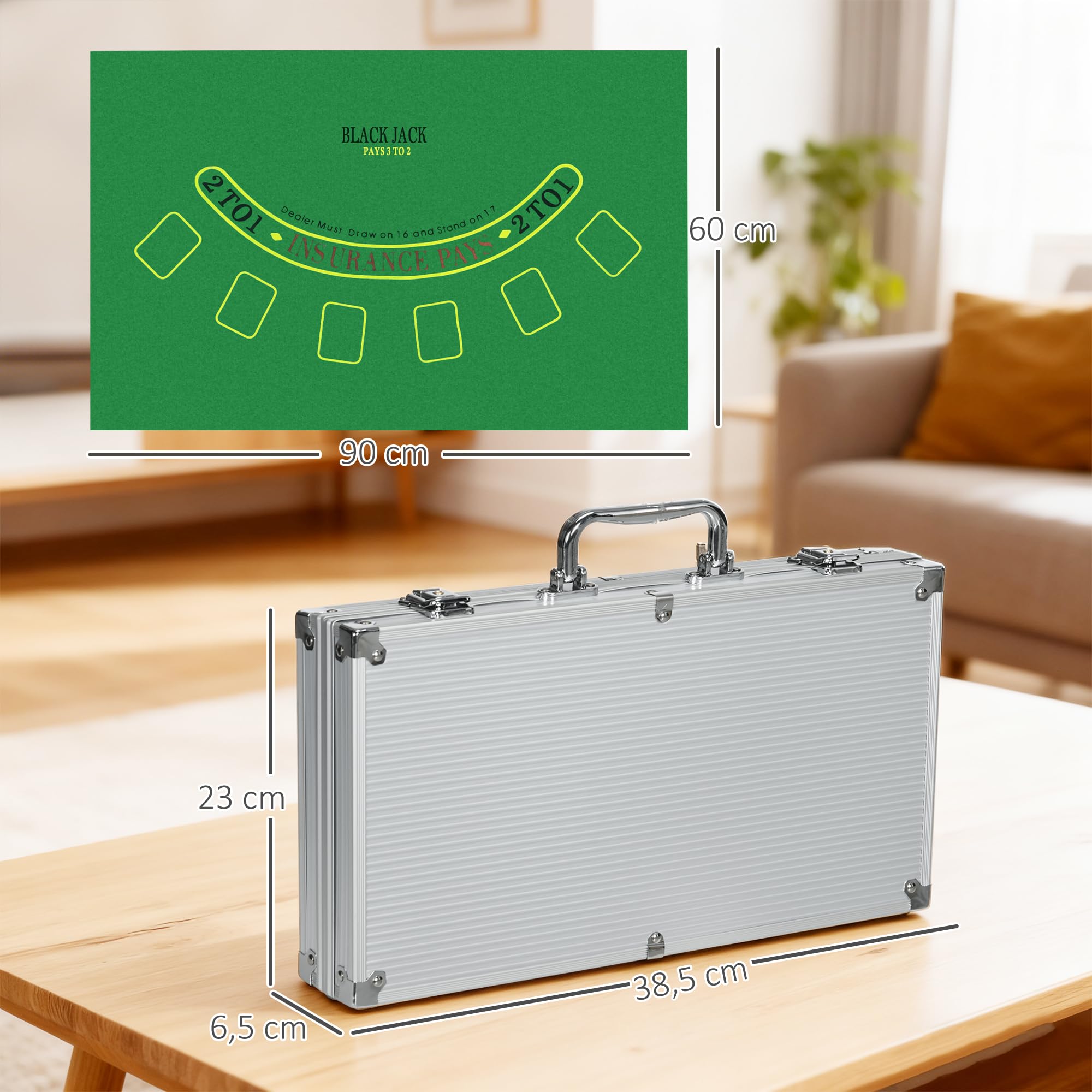 SPORTNOW Juego de Póker Profesional, Maletín de Póker de Aluminio con 300 Fichas de 11,5 g, 2 Barajas de Cartas, 5 Dados, Tapete y Botón de Crupier, para 7-8 Jugadores con Cerradura, Plateado