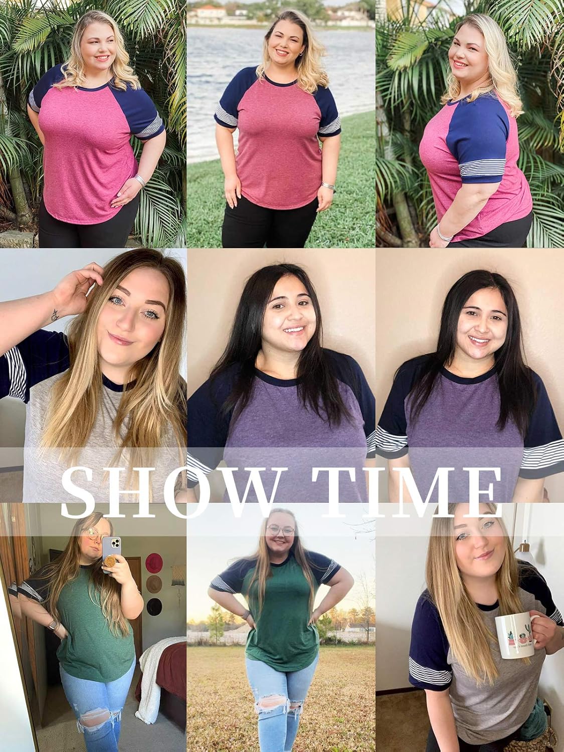 ROSRISS Plus-Size-Tops for Women Summer Short Sleeve Raglan Color Block Striped T-Shirts - Image 3