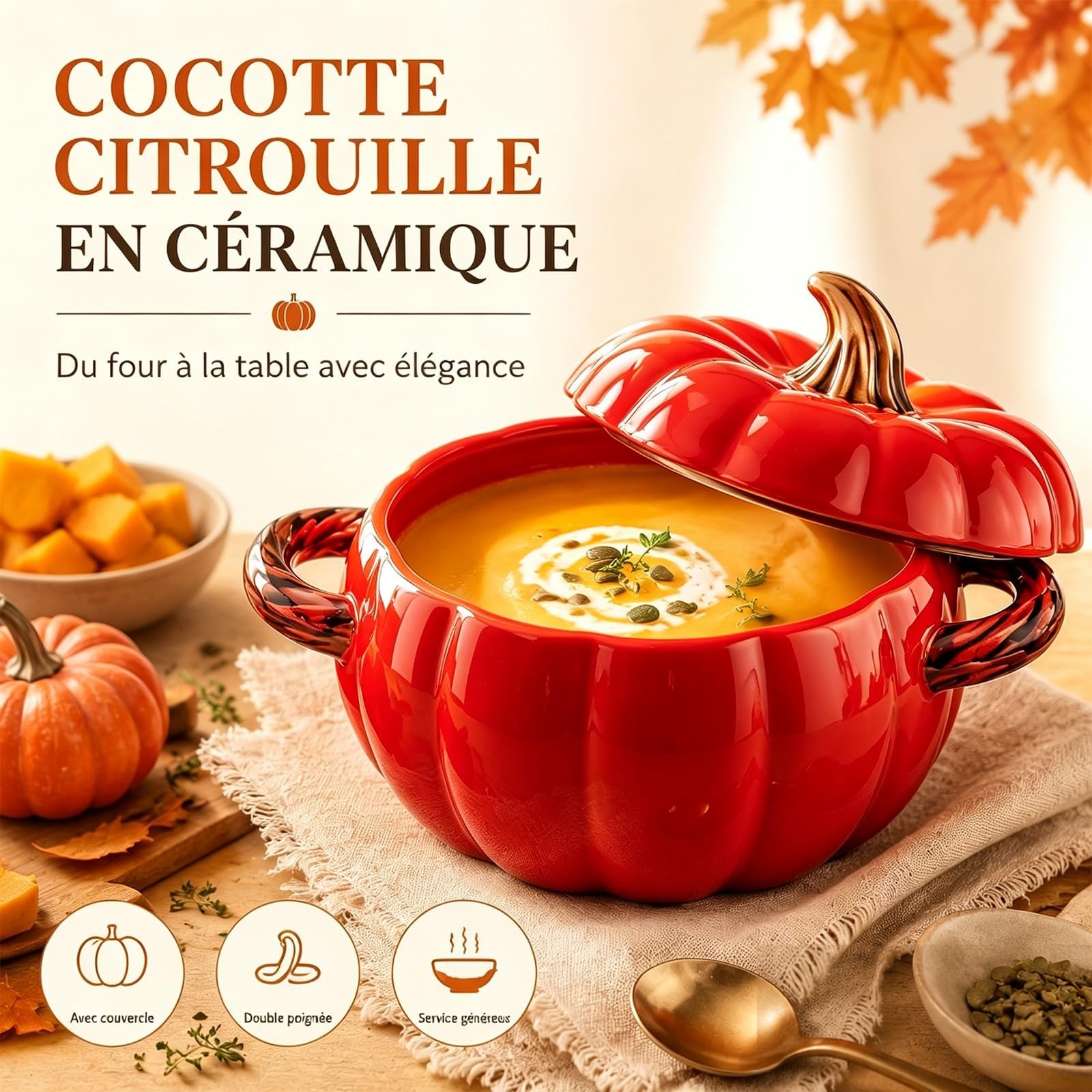 Cocotte Citrouille en Fonte Émaillée, Marmite Tous Feux，Orange：M