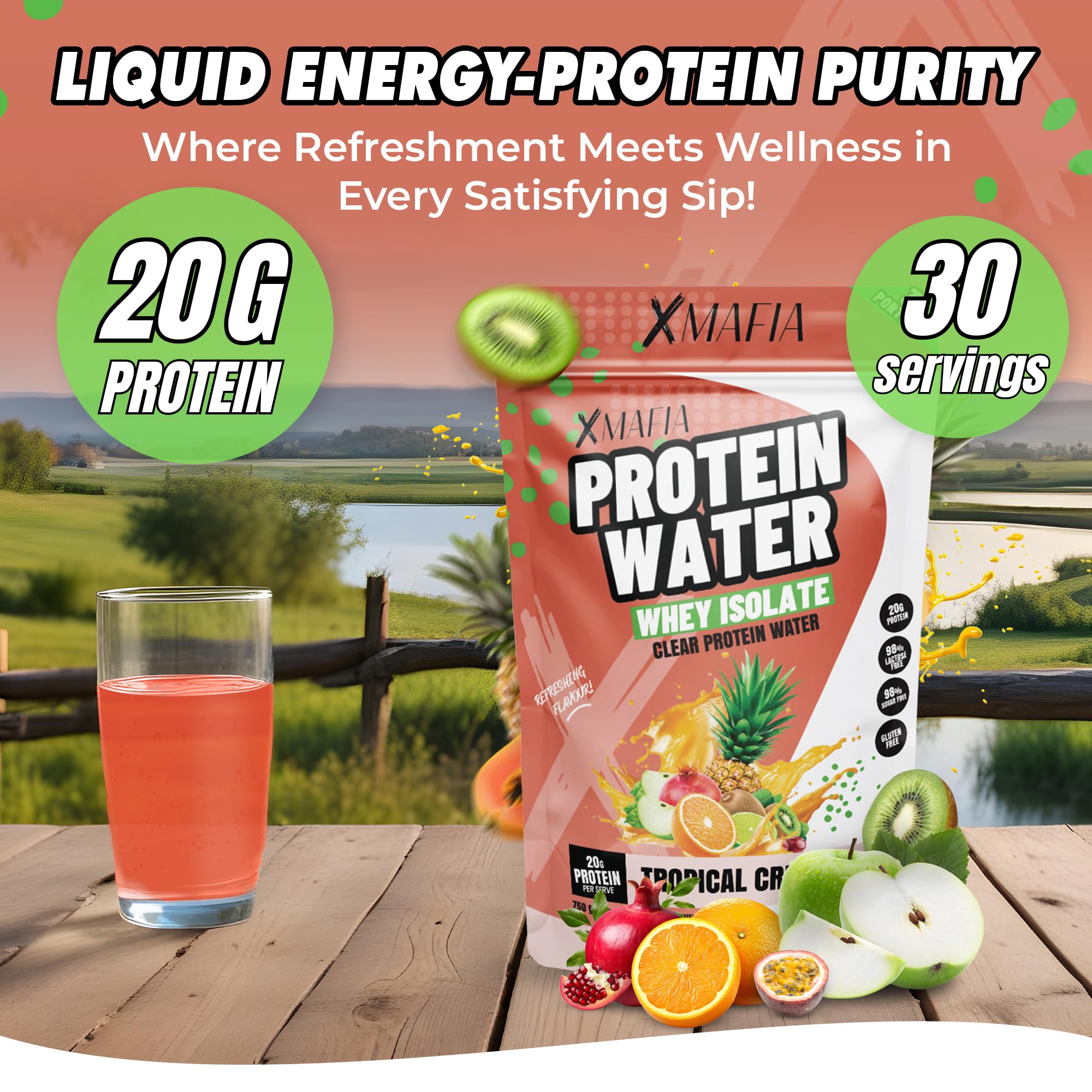 XMafia - Protein Water, Clear Protein Powder, Whey Isolate, Tropical Crush - 1.7 LB, 30 Servings, 20g Protein Per Serving - 0g Lactose, 0g Sugar, Keto-Friendly - Iso Juice Protein, Post-Workout