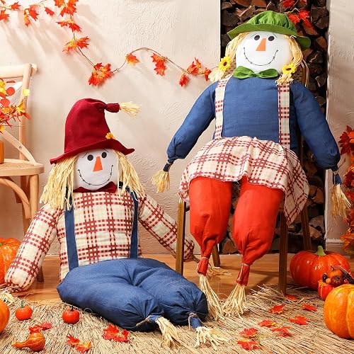 WinnerWhy 2 Pcs 64" Large Fall Scarecrow Autumn Sitting Scarecrow